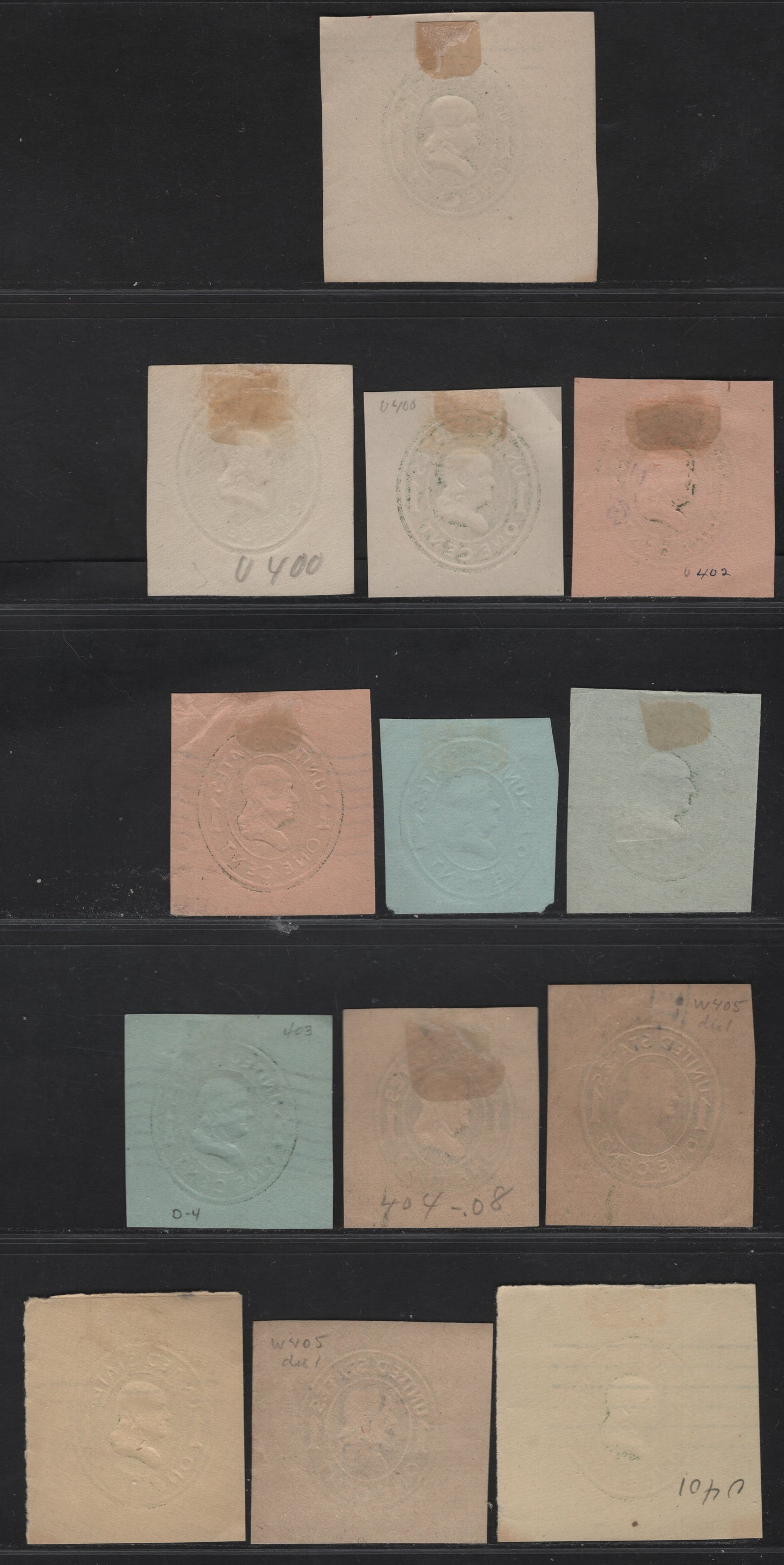 Lot 81 United States SC#U400,c, U402c, U403,c, U404, W405, W405b, U401a,c 1c Green Franklin, 1907-1916 Heads Issue, 13 Fine/Very Fine Used Singles, Various Papers & Dies