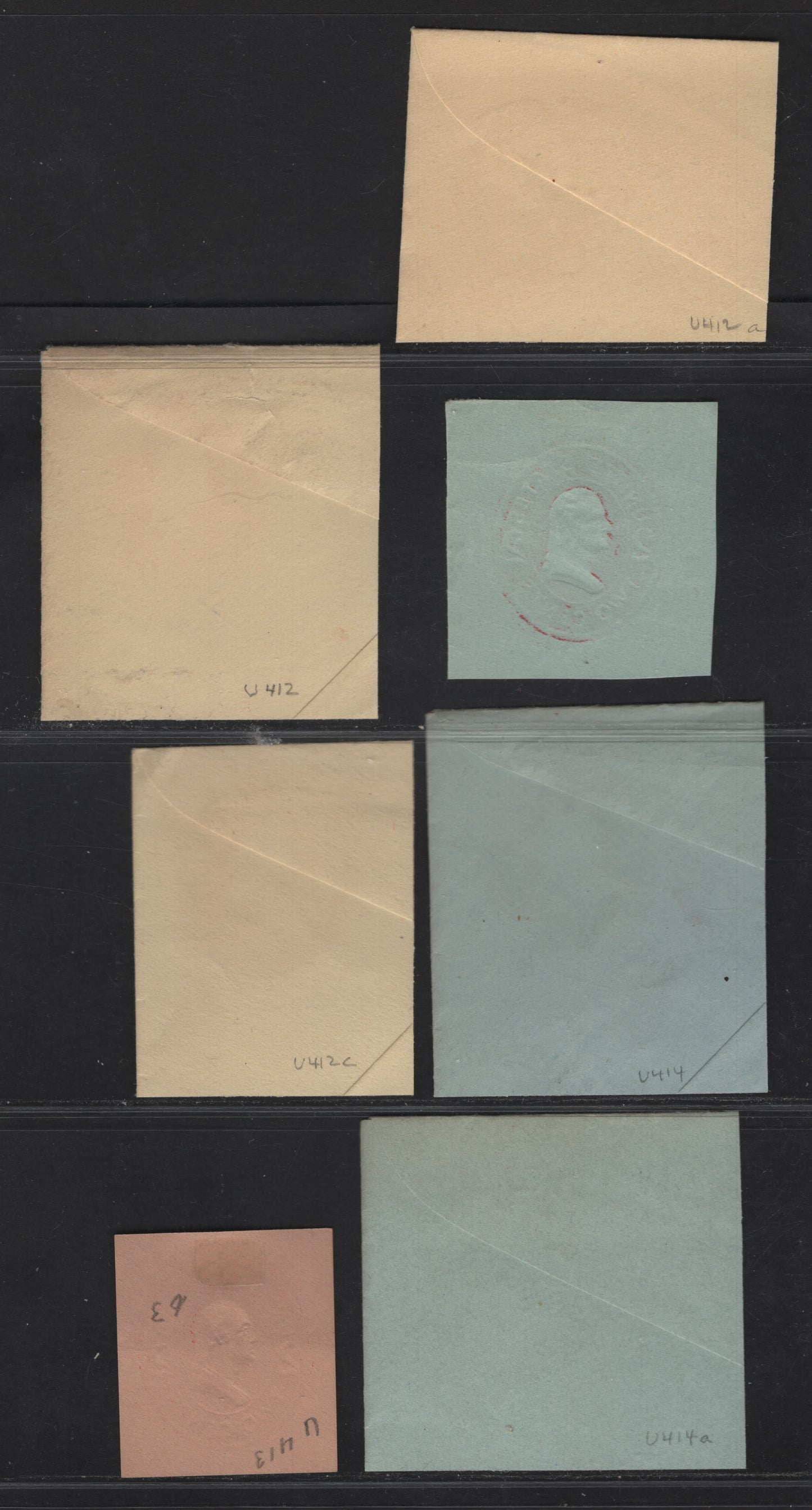 Lot 83 United States SC#U412,b,c, U414,d,e, U413d 2c Carmine Franklin, 1907-1916 Heads Issue, 7 Very Fine Unused Singles, Amber Laid, Amber Wove, Blue Laid & Oriental Buff, Dies 1, 3, 4, 5 & 6