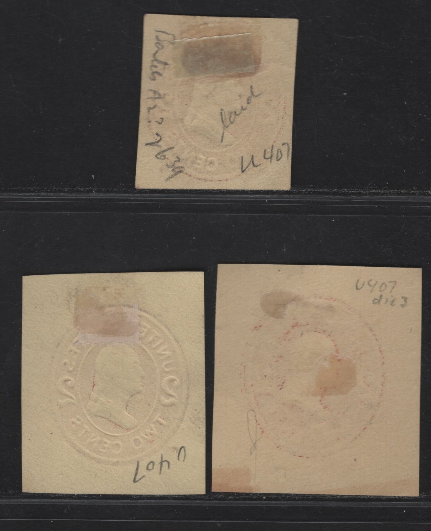 Lot 86 United States SC#U407-b 2c Brown Red Franklin, 1907-1916 Heads Issue, 3 Fine/Very Fine Used Singles, Amber Paper, Dies 1-3