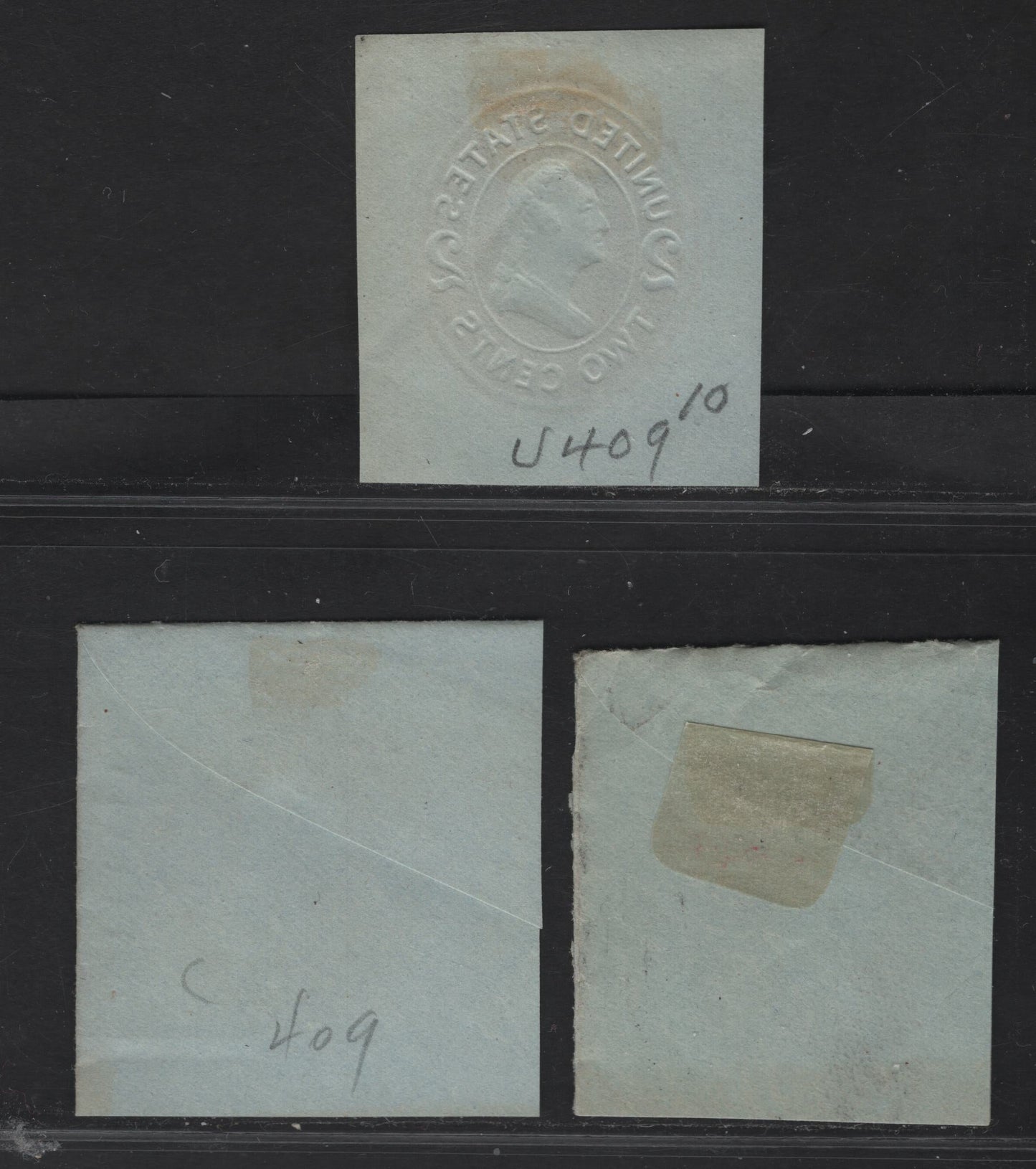 Lot 89 United States SC#U409-b 2c Brown Red Franklin, 1907-1916 Heads Issue, 3 Very Fine Used Singles, Blue Paper, Dies 1, 2 & 3