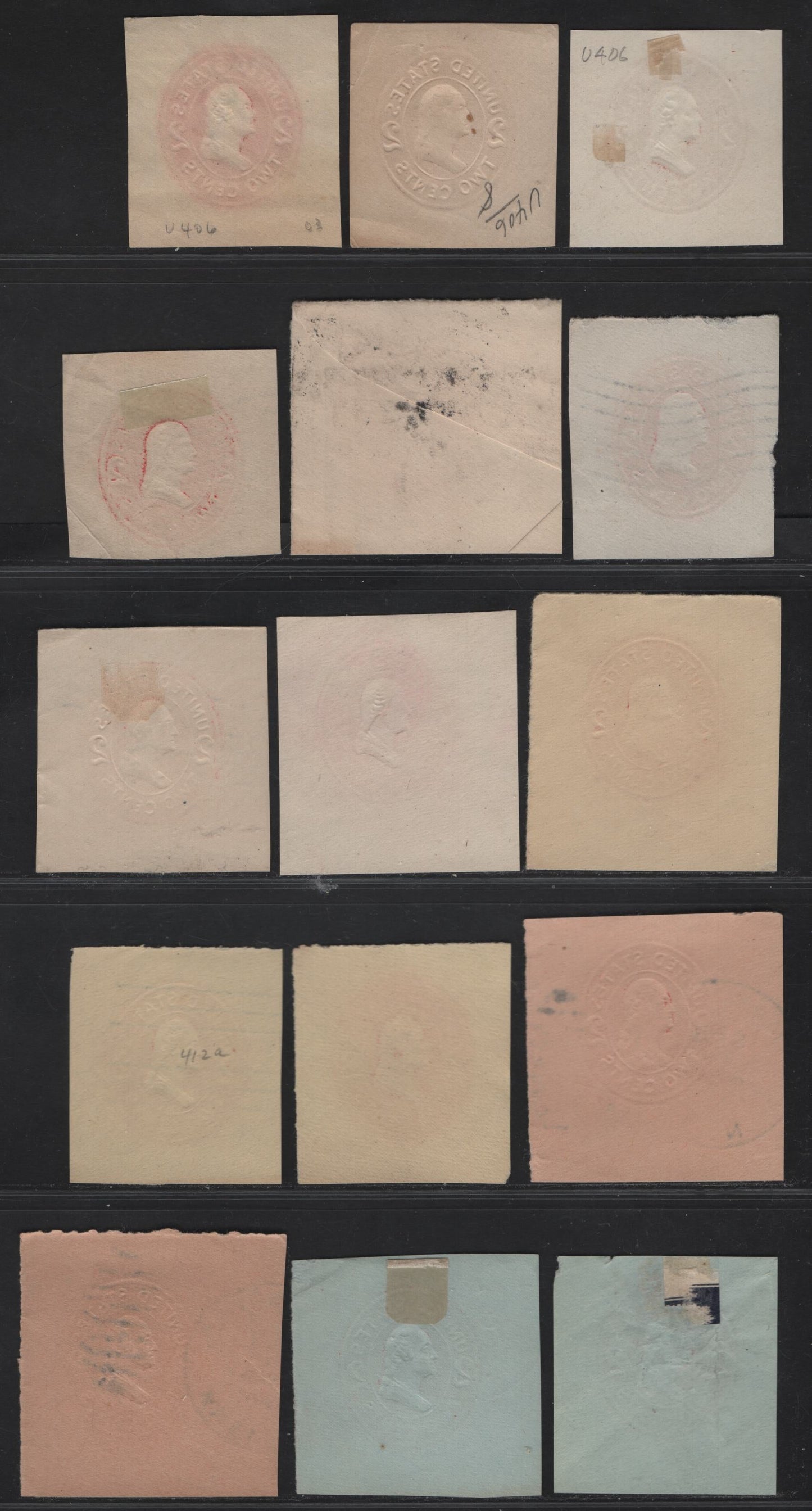 Lot 93 United States SC#U406-b, U411e, U411b,d, U412, U411c, U412a,d, U413-a, U414-a 2c Brown Red - Carmine Franklin, 1907-1916 Heads Issue, 15 Very Fine Used Singles, Various Papers & Dies