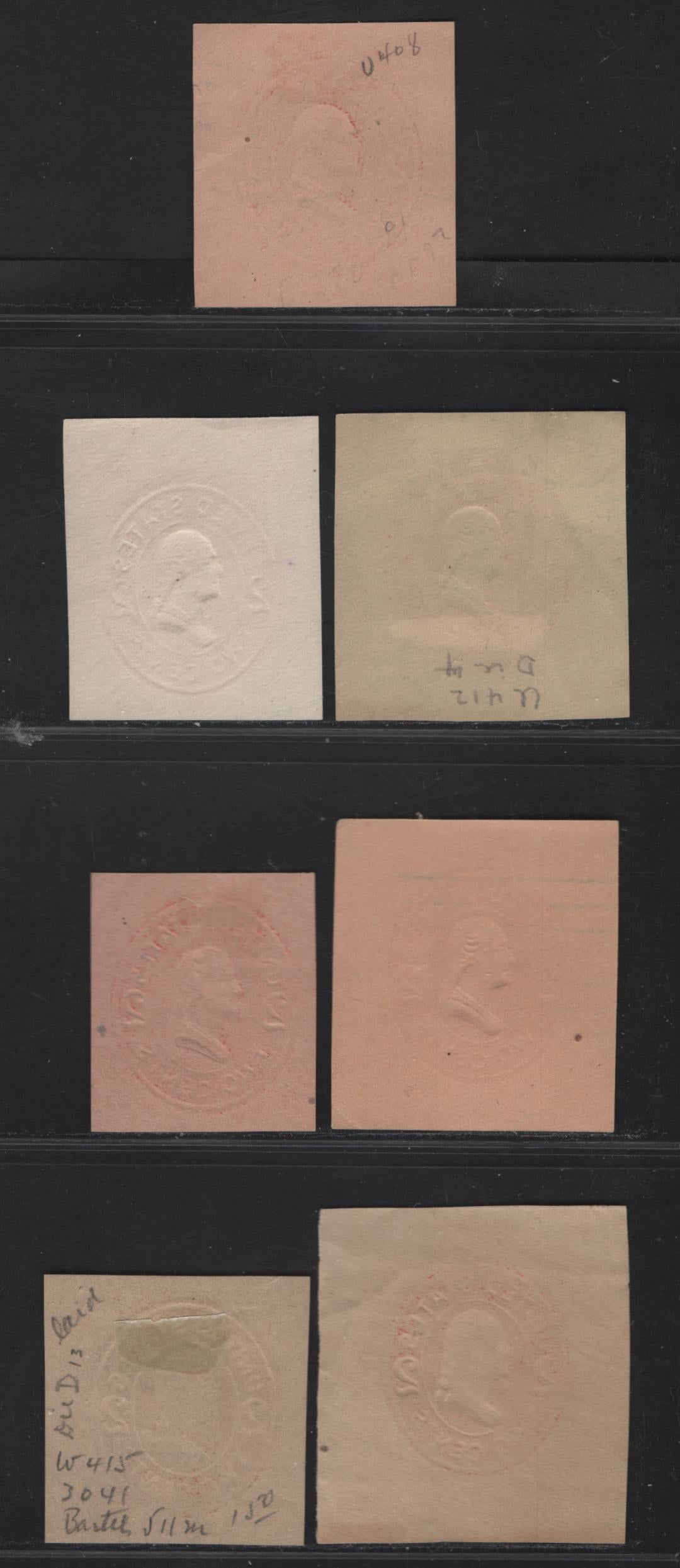 United States SC#U408b, U411b, U412c, U413c,e, U415,b 2c Brown Red & Carmine Franklin, 1907-1916 Heads Issue, 7 Fine/Very Fine Used Singles, Various Papers & Dies