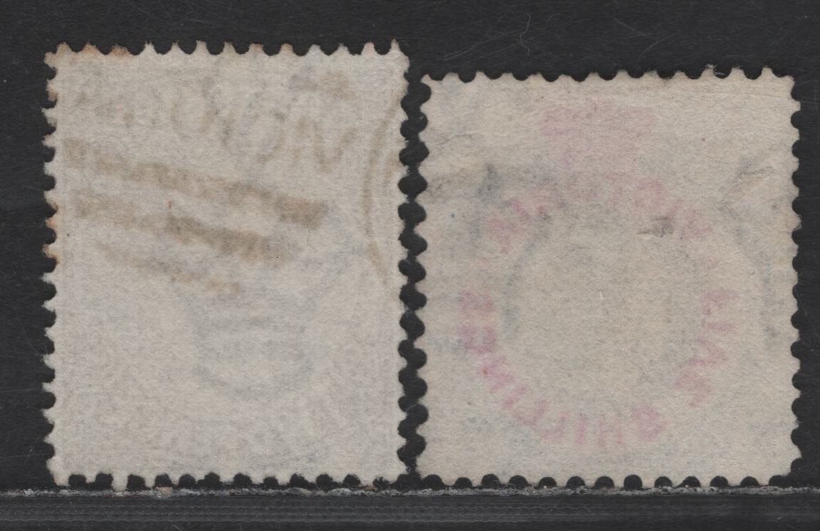 Lot 264 (C) Transvaal SG#148, 202a 5/- - 2d Bright Blue & Red - Sepia Brown Eagle - Wagon, 1867-1881 Keyplate Issues, 2 Fine Used Singles, V Over Crown Wmk (Pointy Crown), Perfs 12 & 12.5