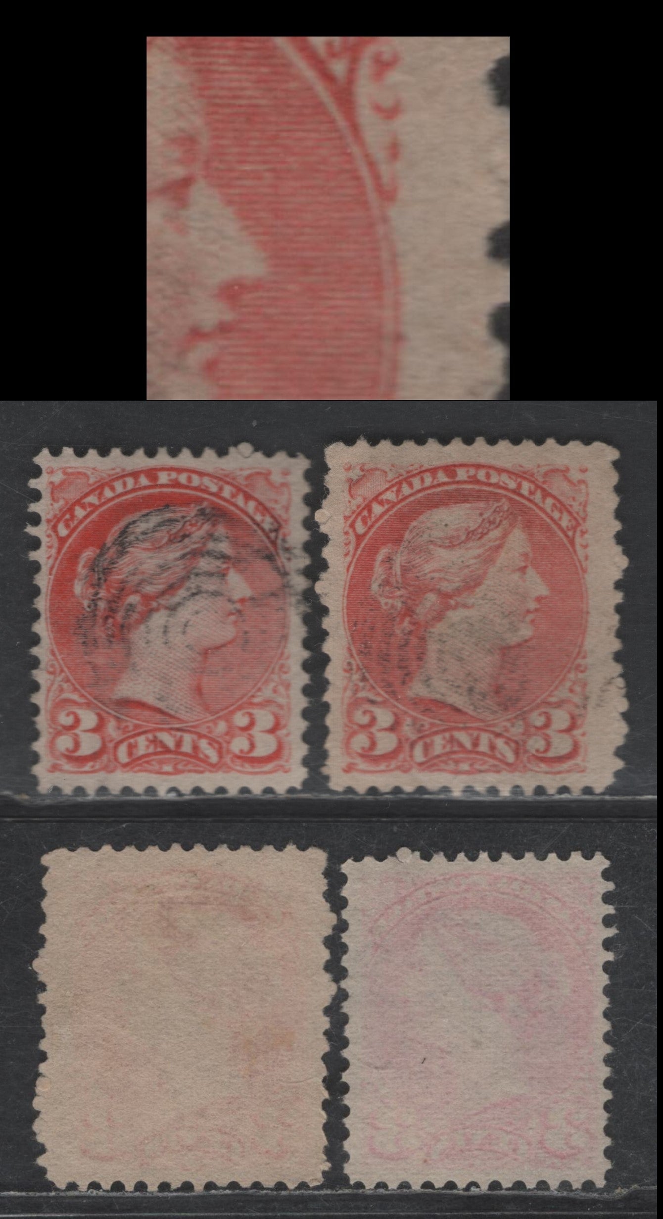 Lot 281 Canada #41 3c Vermillion & Deeper Dull Vermillion Queen Victoria, 1888-1897 Small Queen Issue, 2 Very Fine Used Singles, Papers 2O-BB & 2O-AA With Pos. Dot, Perf 12