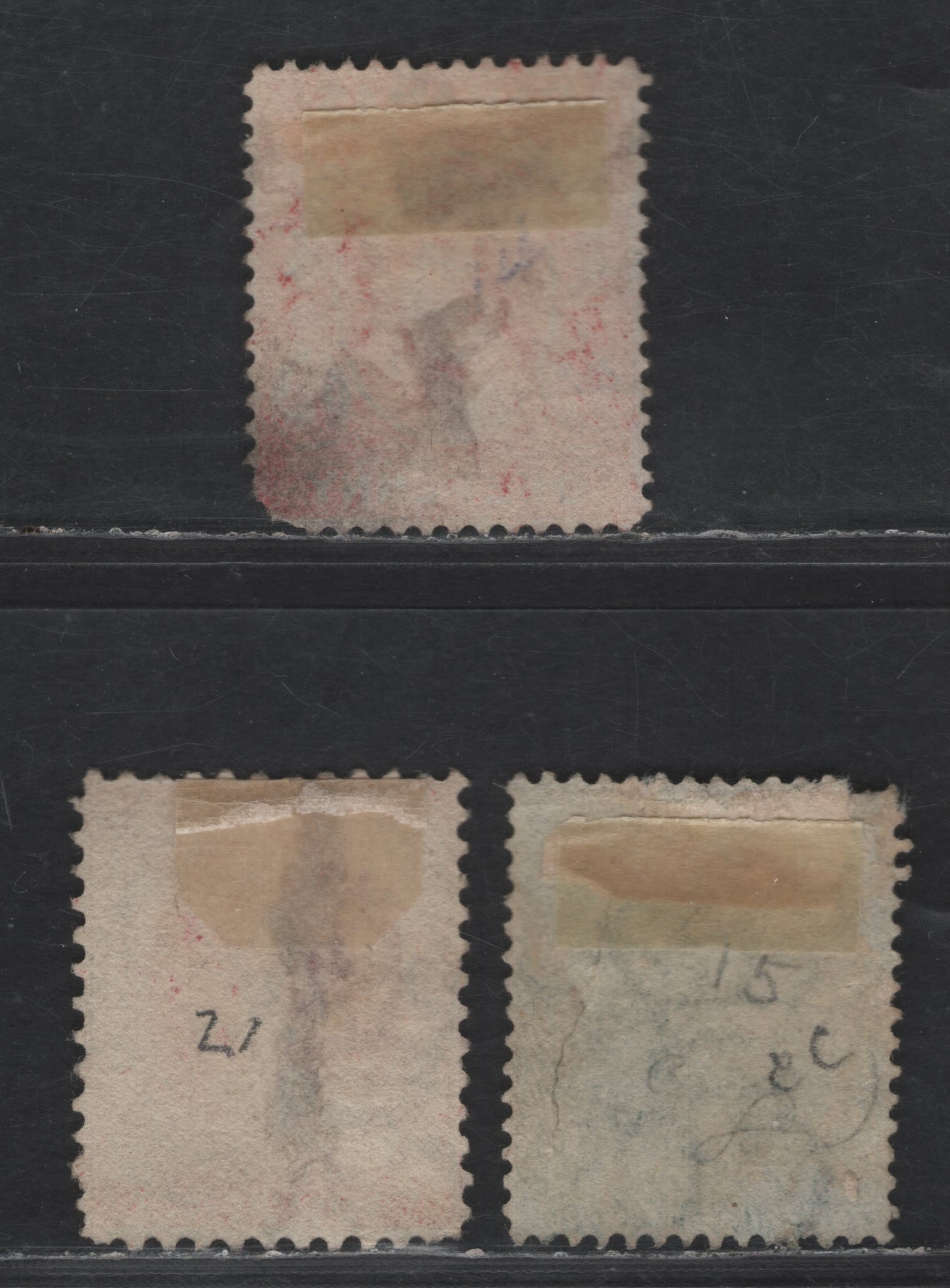 Lot 3 Bahamas SG#25x, 39b, 41 1d, 1/- & 4d Vermillion, Green & Rose Queen Victoria, 1863-1882 Chalon Heads & De la Rue 1/- Keyplate Issues, 3 Ungraded Singles, Crown CC & Crown CA Wmks, Perfs 14 & 12