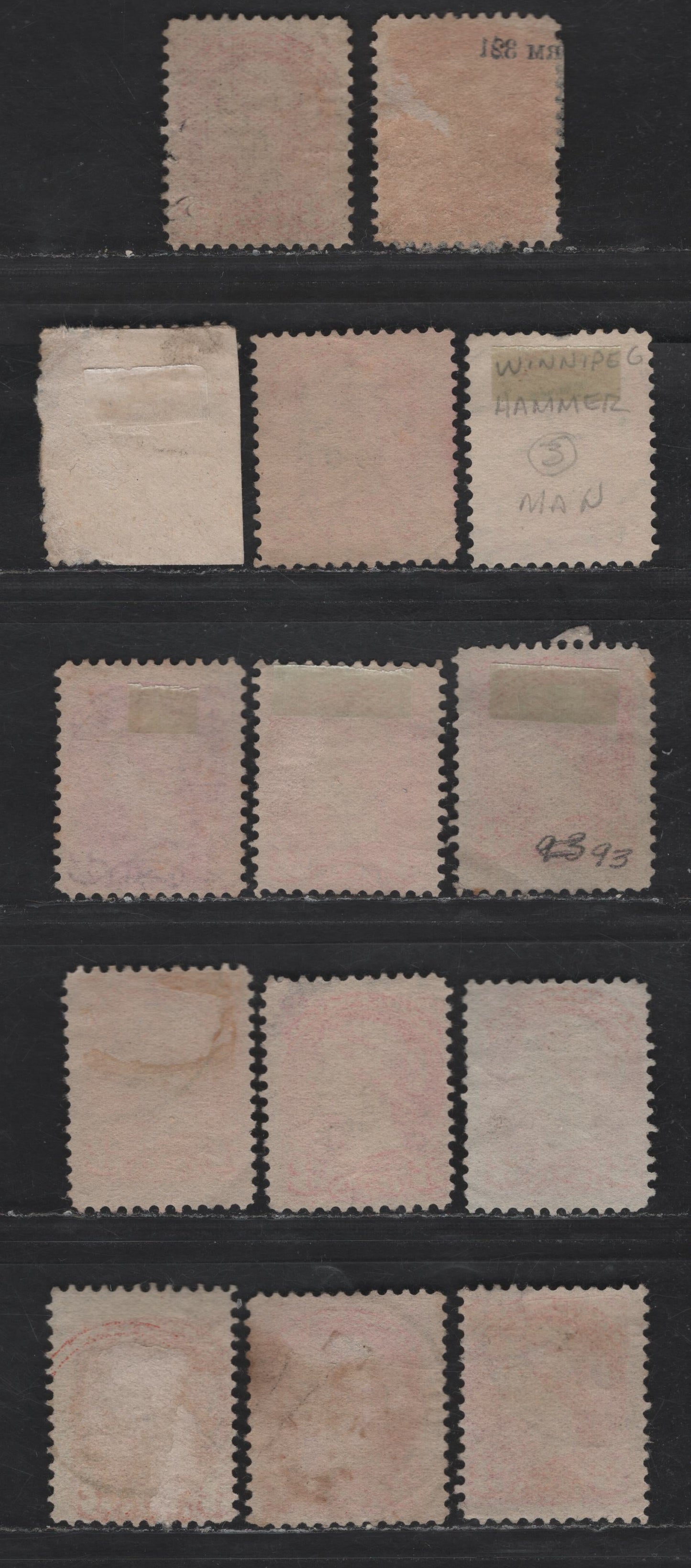 Lot 376 Canada #41 3c Vermillion & Orange Vermillion Queen Victoria, 1888-1897 Small Queen Issue, 14 Ungraded Singles, 1893 Dates, Unsorted As To Paper Types, Ungraded but Generally Fine