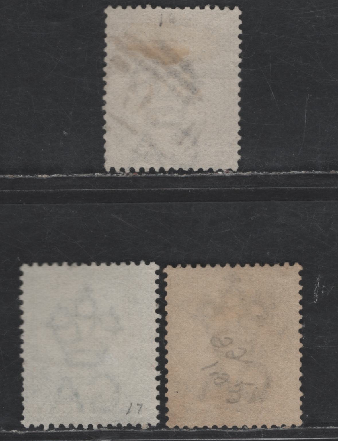 Lot 94 Dominica SG#13, 20, 24 1/2d - 4d Olive Yellow - Gray Queen Victoria, 1883-1890 Queen Victoria Keyplate Issue, 3 Fine/Very Fine Used Singles, Crown CA Wmk