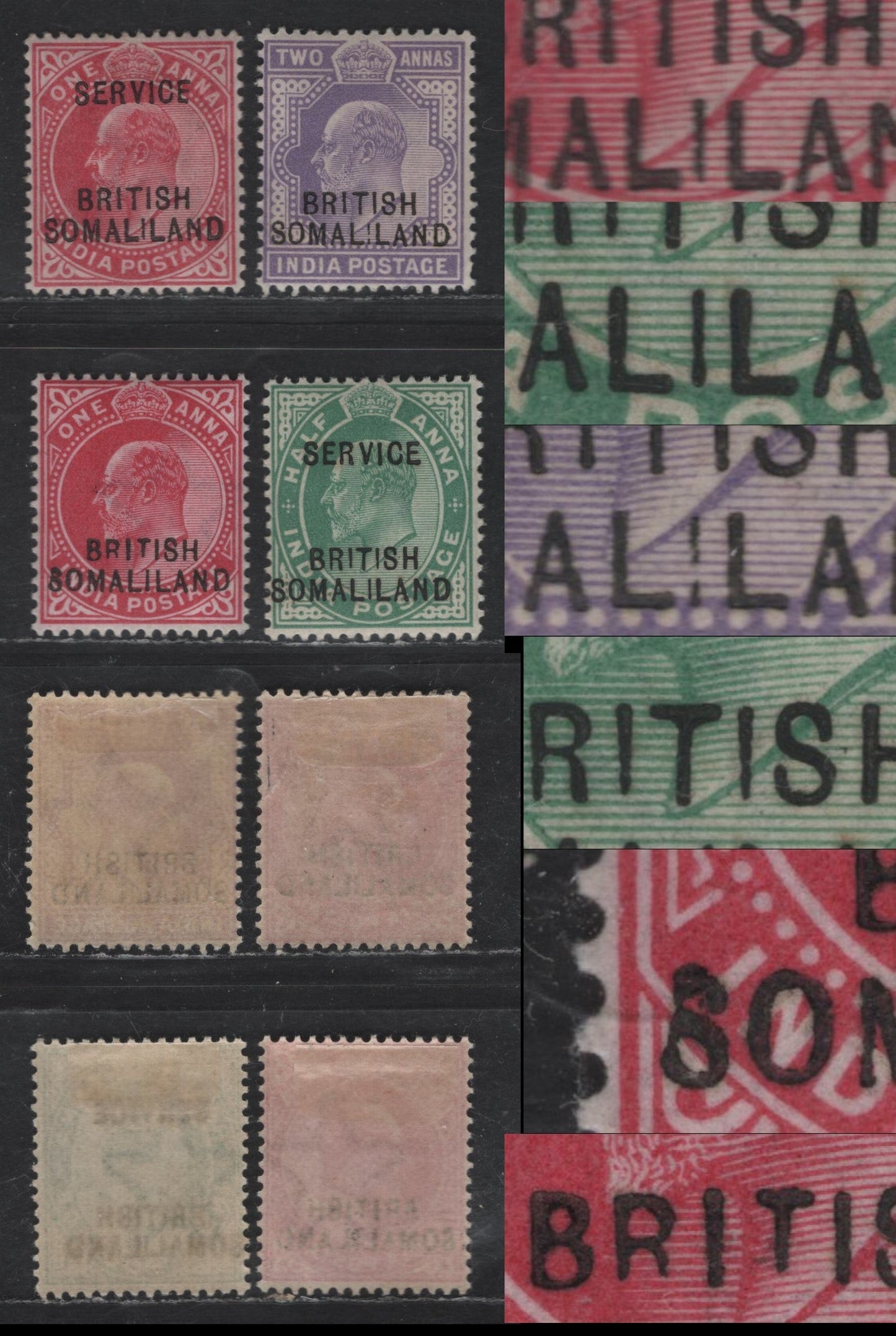 Lot 321 Somaliland SG#26-27, O6-O7 1/2a - 2a Green - Violet King Edward VII, 1903-1904 Service & Niormal Overprinted Issues, 4 F/VFOG Singles, All Showing Short Or Damaged Letters In Overprint