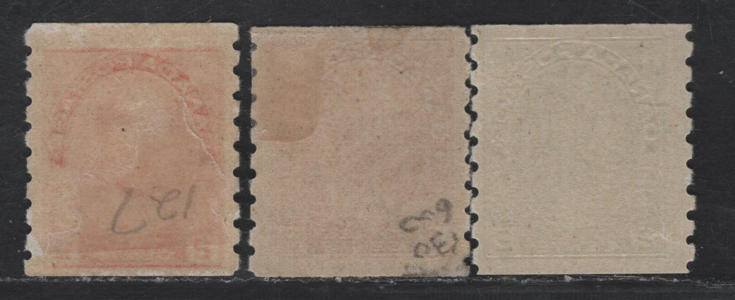 Lot 18 Canada #127, 128ii, 130b 2c & 3c Carmine, Green & Carmine Red King George V, 1912-1924 Admiral Coil Issue, 3 FOG Singles, Dry Printing, Perf 8 Vertical, Die 2.