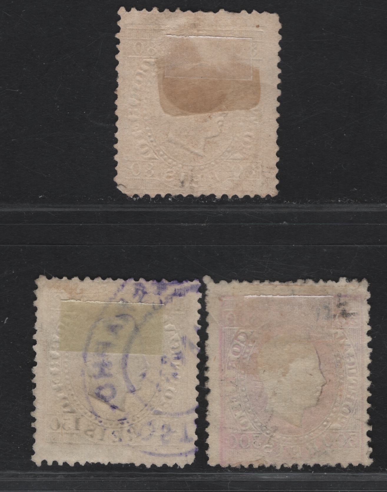 Lot 225 Portugal SC#44e, 48b, 50b 80r - 300r Orange - Dull Violet King Luiz, 1870-1884 King Luiz Embossed Sidefaces Issue, 3 Very Good Used Singles, Perf 12.5, Enamel Surface Paper, 300r Has A Small Tear.