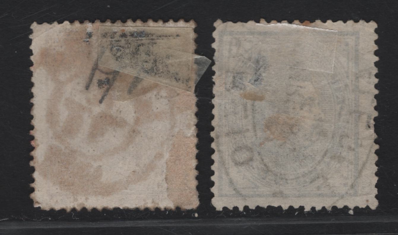 Lot 227 (C) Portugal SC#53, 55 25r BluishGray - BrownViolet King Luiz, 1880-1881 King Luiz Issue, 2 Very Good Used Singles, Perfs 12.5 & 13.5, Blue Gray Stamp Has A Very Shallow Thin & Brown Violet Stamp Has A Corner Crease