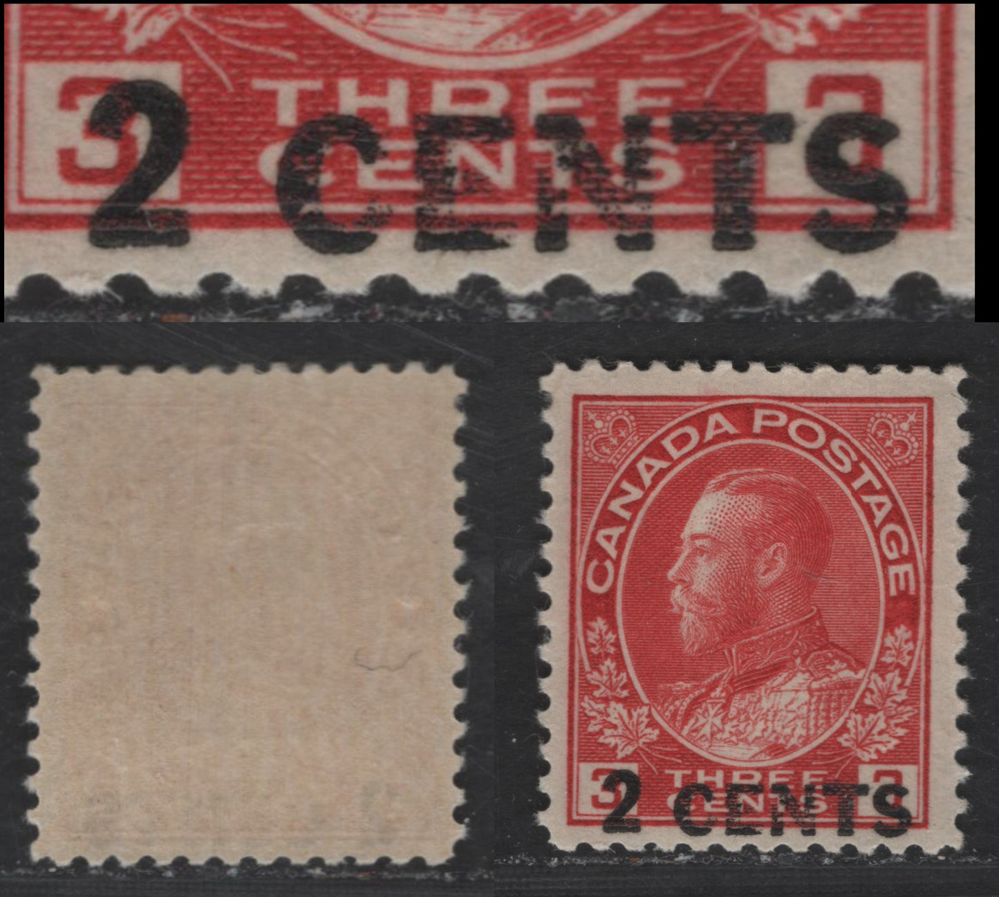 Lot 25 Canada #139var 2c on 3c Carmine King George V, 1926 Admiral Provisional Issue, A VFNH Single, One Line Surcharge, Surcharge Shifted Downwards.