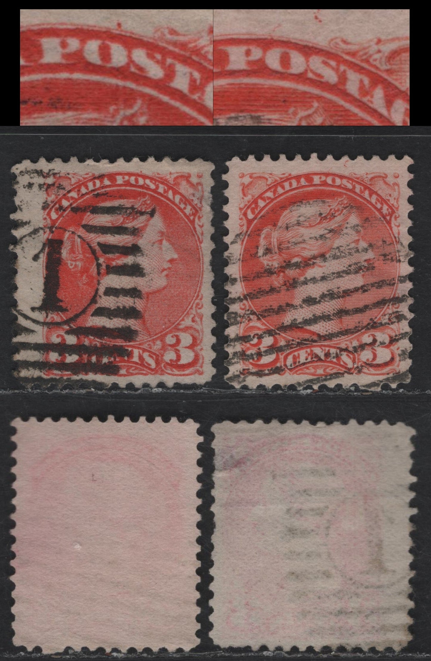 Lot 49 Canada #41 3c Bright Orange Vermillion Queen Victoria, 1870-1893 Small Queen Issue, 2 Very Good/Very Fine Used Singles, Mid Second Ottawa Printings, Paper 2O-I, Each Showing Separate Plate Variety.