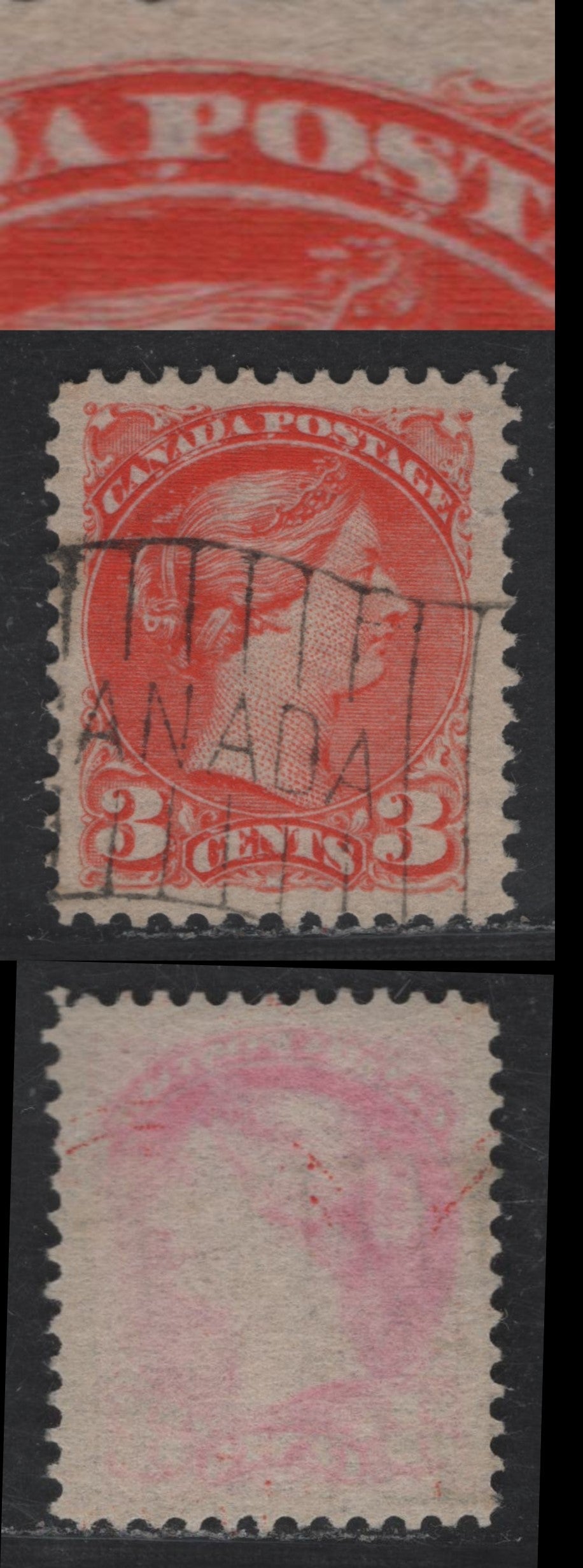 Lot 52 Canada #41 3c Orange Vermillion Queen Victoria, 1870-1893 Small Queen Issue, A Fine Used Single, Late Second Ottawa Printing, Paper 2O-GG, Bickerdike Flag Cancel, Showing Dry Inking Under & Over Canada Postage.