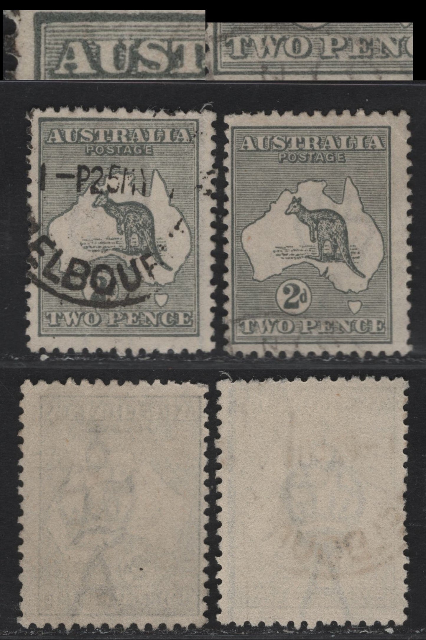 Lot 155 Australia SG#35 2d Gray Kangaroo & Map, 1915-1927 Kangaroo & Map 3rd Issue, 2 Fine Used Singles, 3rd Wmk, Interesting Printing Varieties