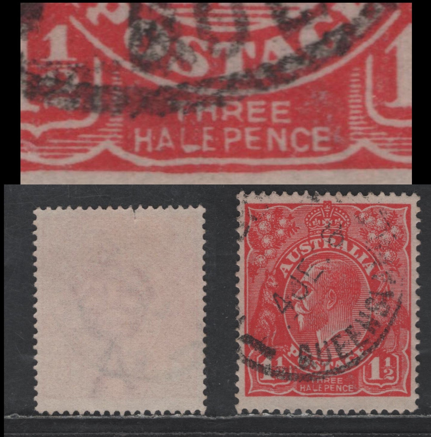 Lot 232 Australia SG#77b 1.5d Scarlet King George V, 1924 KGV Heads Issue, A Very Fine Used Single, 'Halepence' Instead Of 'Half Pence', Single CrownWmk