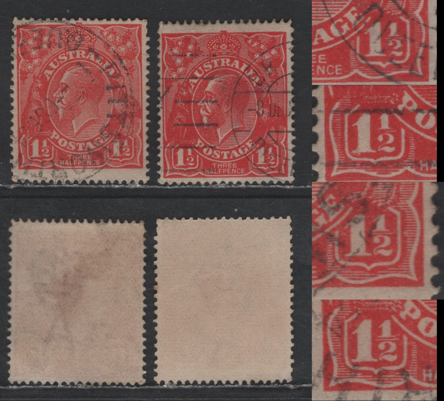 Lot 233 Australia SG#77d 1.5d Scarlet King George V, 1924 KGV Heads Issue, 2 Fine Used Singles, Curved 1 & Thin Fraction At left From Plate 24, Right Pane R7/5, Normal For Comparion, Single Crown Wmk.