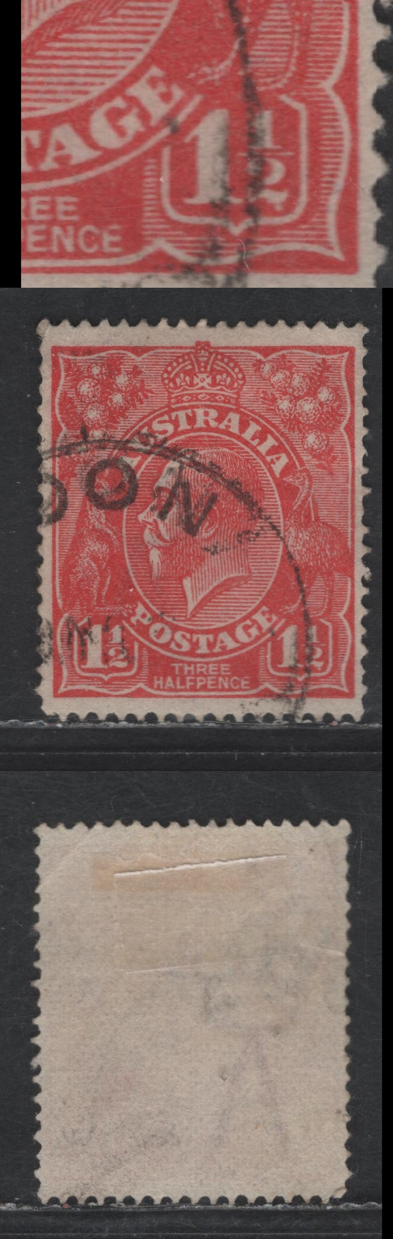 Lot 234 Australia SG#77var 1.5d Scarlet King George V, 1924 KGV Heads Issue, A Very Fine Used Single, Showing Right 2 With Hooked Tail, Unlisted In Gibbons, Single Crown Wmk.
