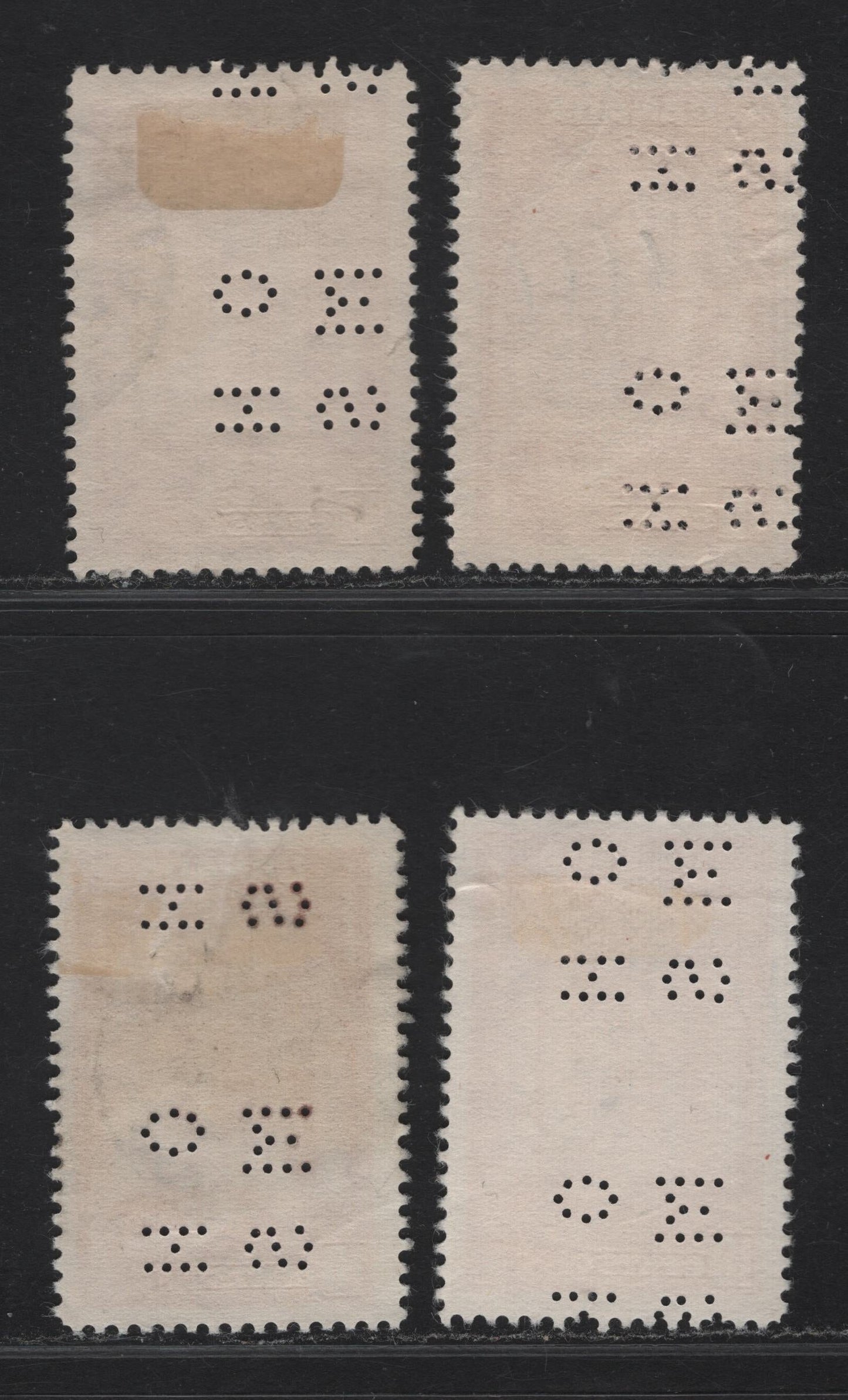 Lot 353 Canada #O9-241 10c Carmine, Lighter Carmine & Bright Carmine Memorial Chamber, 1938 Pictorial Issue, 4 F & VF Used Singles On Papers CBN-A, CBN-I And CBN-J, 4 Hole OHMS Perfins From Position 4