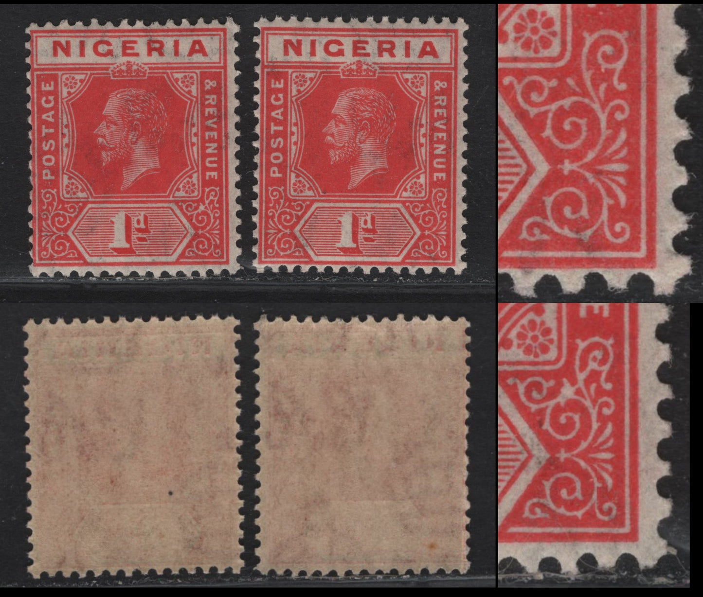 Nigeria SG#16var 1d Scarlet King George V, 1921-1932 KGV Imperium Keyplate Issue, Wmk Multiple Script CA, 2 FNH Singles, Die 1, Showing LR Scroll Work Joined & Flaws on Scroll Ornament, Normal For Comparison.