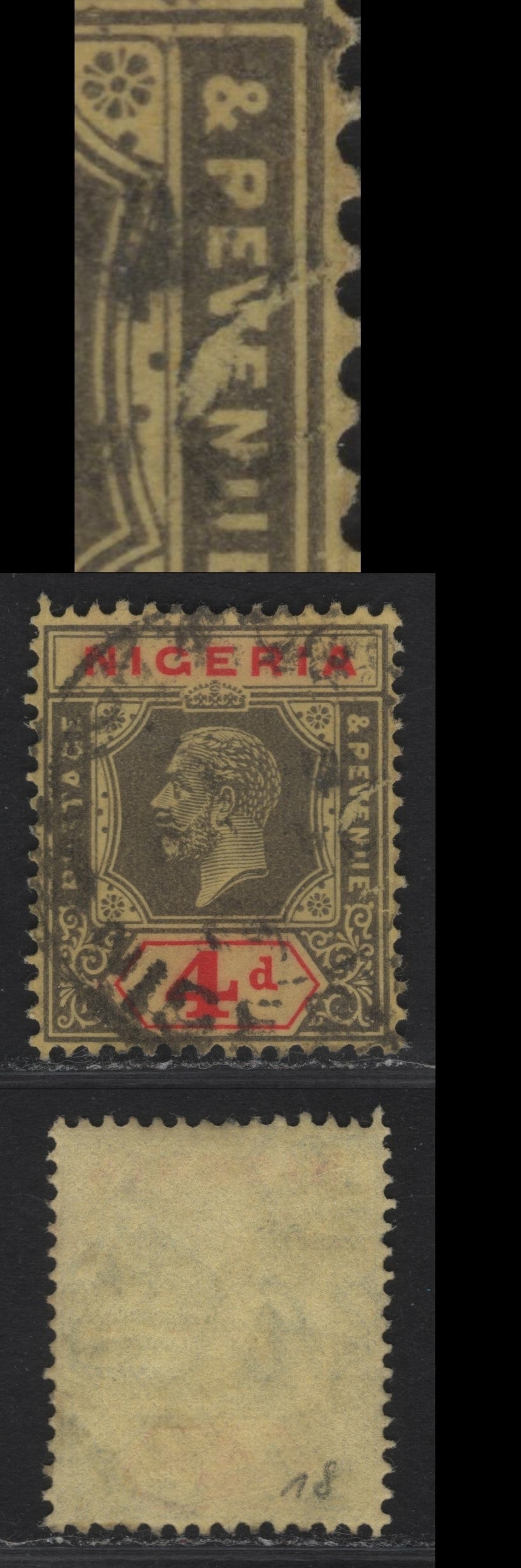 Lot 210 Nigeria SG#24 4d Gray & Bright Red King George V, 1921-1932 KGV Imperium Keyplate Issue, Wmk Multiple Script CA, A Very Fine Used Single, Die 2, Large Slash Through 'UE' of Revenue