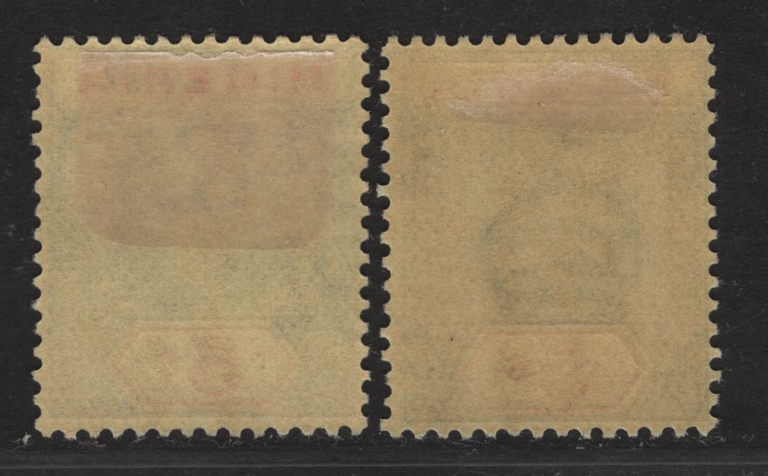Lot 238 Nigeria SG#28 5/- Green & Deep Red King George V, 1921-1932 KGV Imperium Keyplate Issue, Wmk Multiple Script CA, 2 F/VFOG Singles, Pale Yellow Paper With Lemon & Yellow Back, Die 2