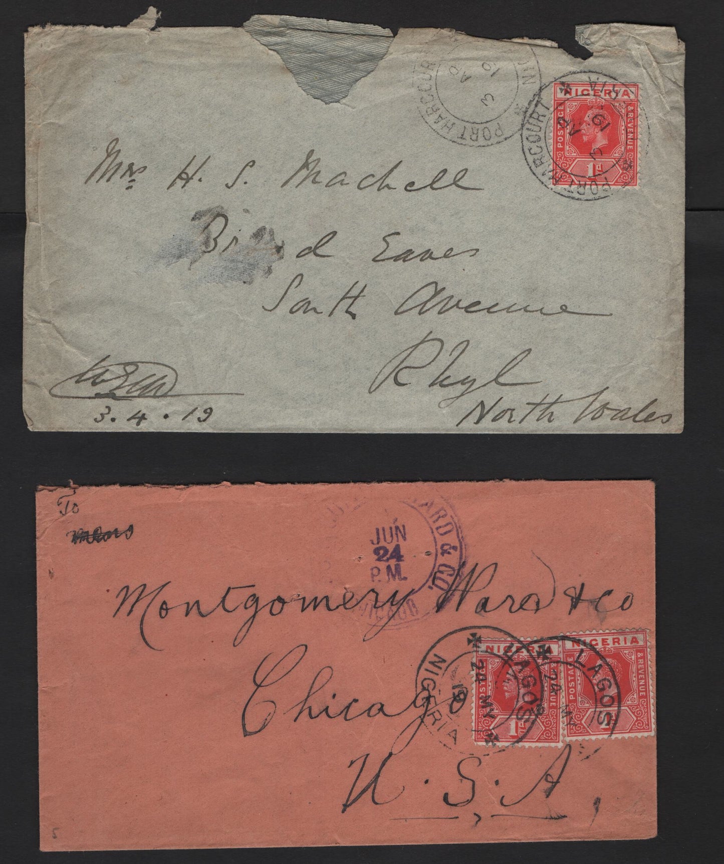 Lot 243 Nigeria #2a 1d Scarlet, 1914-1929 King George V Imperium Keyplate Issue, Usage Two Covers To USA & UK
