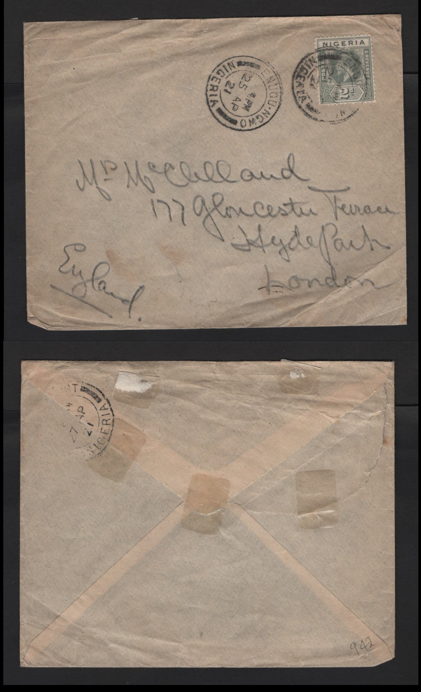 Lot 245 Nigeria #3 2d Grey, 1914-1929 King George V Imperium Keyplate Issue, Usage On 1921 Cover To London, UK, Scarce Enugu-Ngwo Cancels