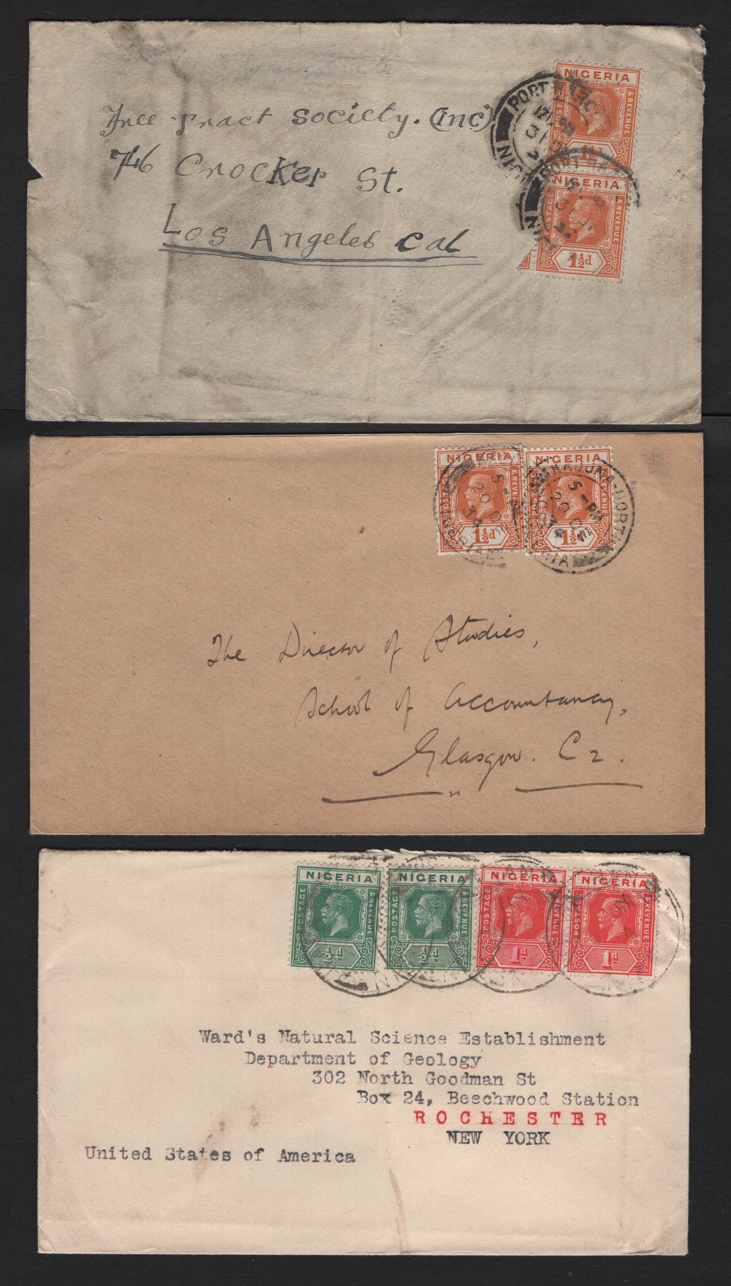 Lot 257 Nigeria #15b, 16b, 17, 1/2d Green, 1d Rose Red & 1.5d Orange 1921-1932 King George V Imperium Keyplate Issue, Usage On Covers to USA & UK