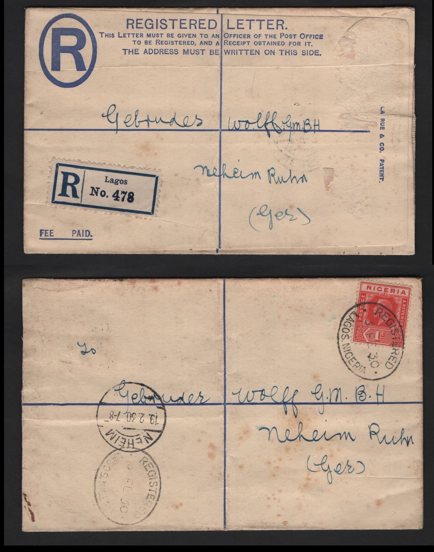 Lot 260 Nigeria #16b 1d Deep Rose Red 1921-1932 King George V Imperium Keyplate Issue, Usage On Registered Cover To Germany