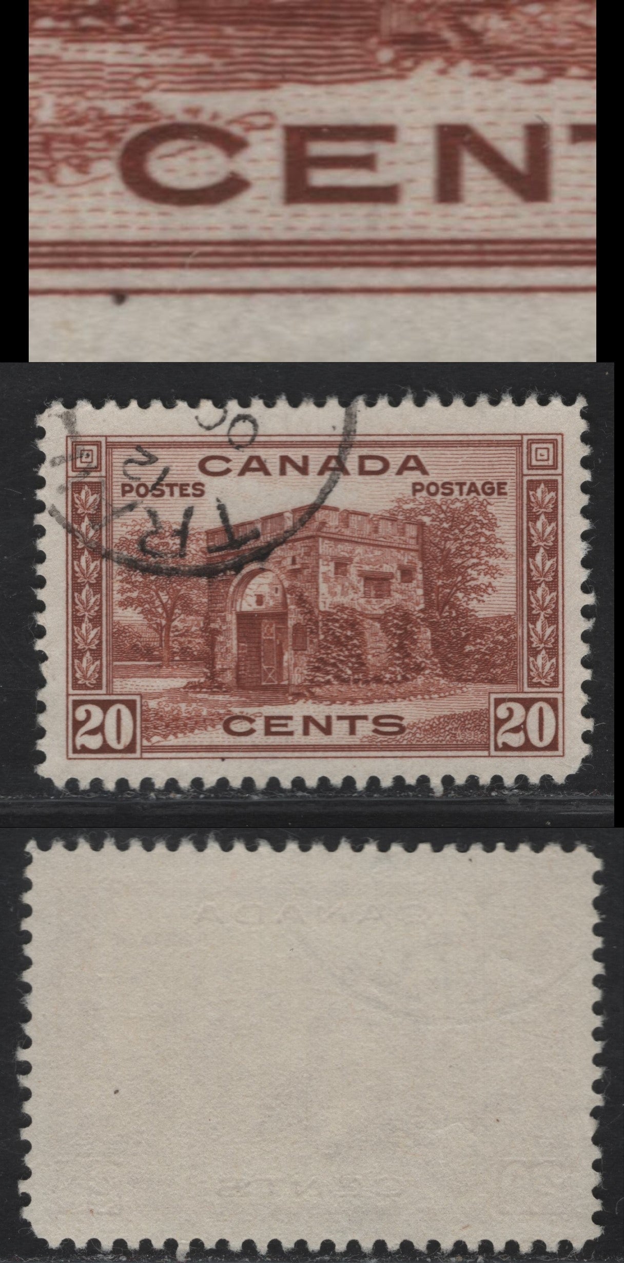 Lot 309 Canada #243var 20c Deep Brown Red Fort Garry Gate, 1938 Pictorial Issue, A VF Used Single On CBN-Q Paper, Perf 12. Showing Dot On Lower Frameline Under 'C' Of Cents
