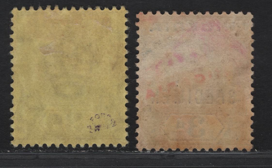 Lot 81 Nigeria #5b, 5bs 3d Purple Brown, 1914-1929 King George V Imperium Keyplate Issue, Wmk Multiple Crown CA, 2 FOG & UN Singles On Thick Deep Yellow Paper With Deep Yellow Back & Pale Yellow With Specimen Overprint