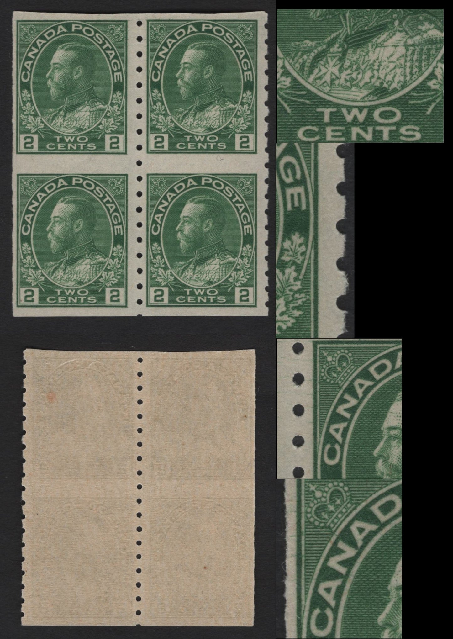 Lot 213 (C) Canada #128a 2c Green King George V, 1924 Admiral Part Perforate Coil Issue, A FNH Coil Block Of 4, Dry Printing, Redrawn Frameline, Paper/Gum ABN-I, Unlisted Hairlines.