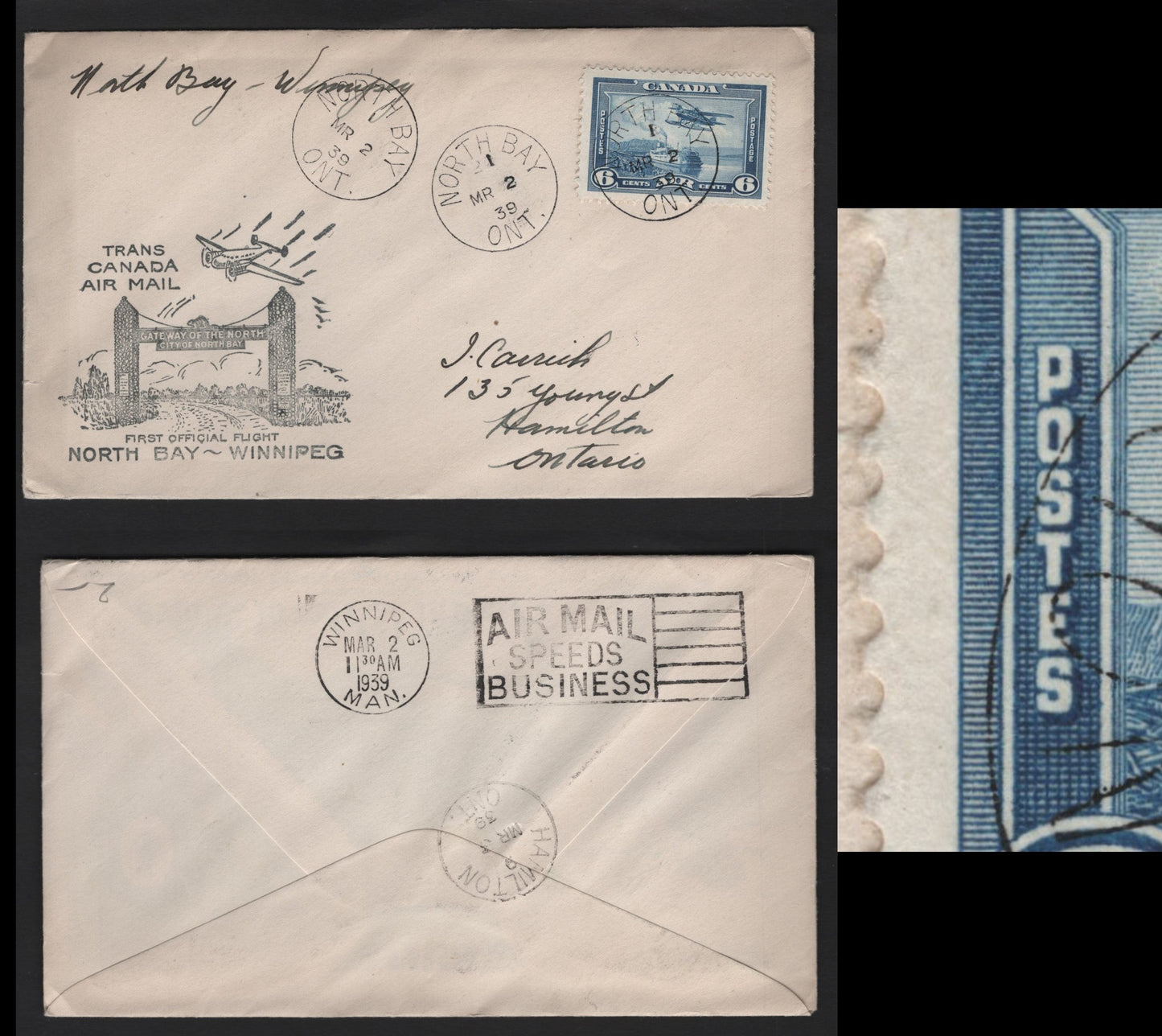 Lot 307 Canada #C6var 6c Dull Blue, 1938 Pictorial Issue, A VF Used Single On First Flight Cover With Unlisted Re-Entry