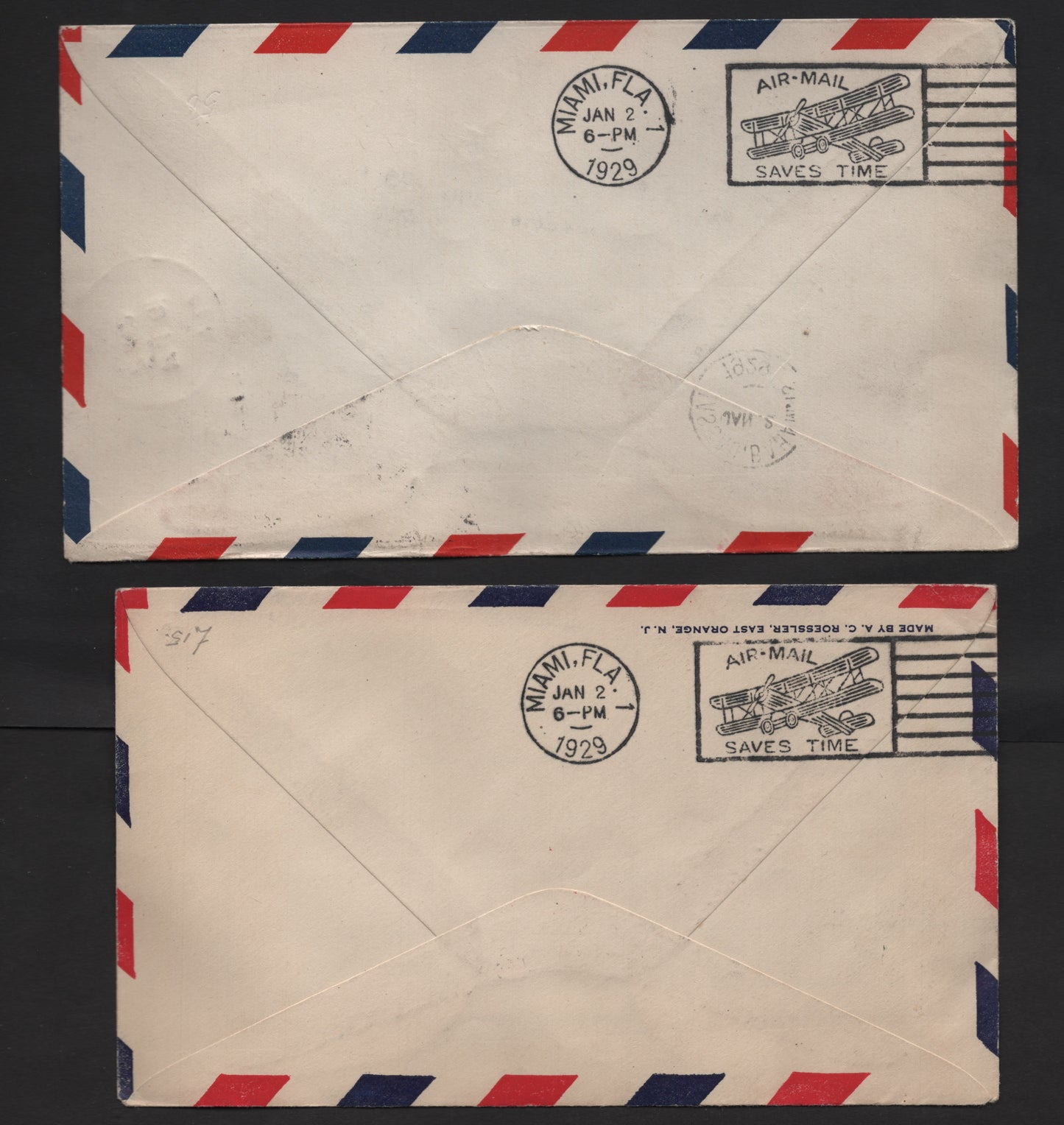 Lot 39 Bahamas SG#116, 118 1d - 2d Carmine - Gray Black & Carmine King George V, 1921-1937 KGV Keyplate Issue, 2 Very Fine Used Singles & Pair On 2 Covers, script CA Wmk, Two First Flight Covers to Pennsylvania & Illinois Via Airmail Service To Miami