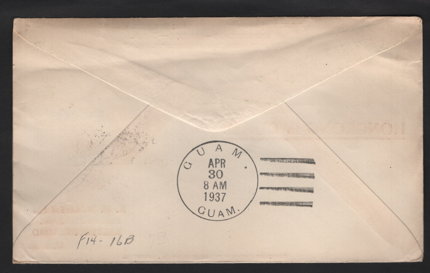 Lot 91 Hong Kong SG#121, 129 5c - $1 Violet - Purple & Blue on Blue King George V, 1921-1937 KGV Keyplate s, A Very Fine Used Cover, Franked With 2 Singles, April 29, 1937 First Flight Cover To Maltimore, MD via Guam, April 30 Guam Receiving Backstamp.