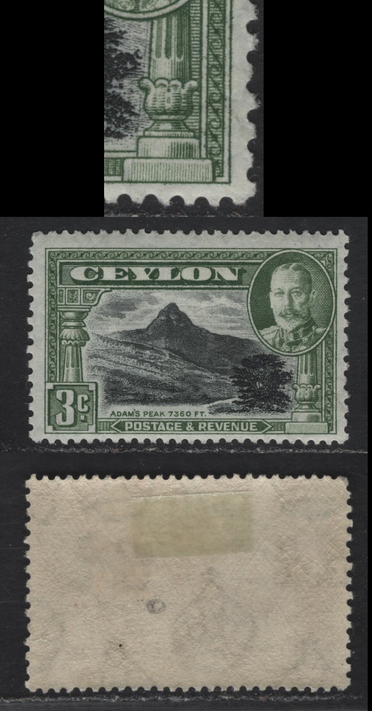 Lot 100 Ceylon SG#369var 3c Black & Olive Green Adam's Peak, 1935-1936 Pictorial Issue, A FOG Single, Perf 13x12, Large Vertical Scratch To The Left Of The Right Pillar, Unlisted & Scarce.