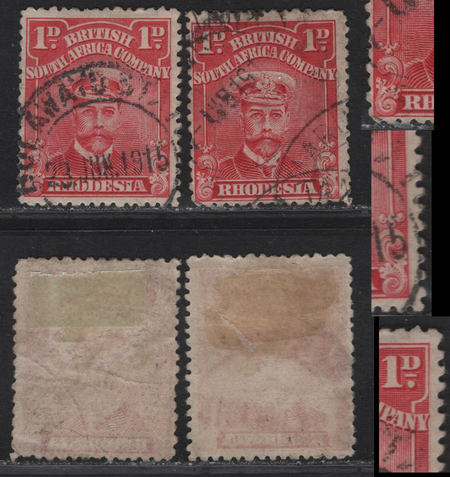 Lot 150 Rhodesia SG#190 1d Carmine Rose King George V, 1913-1919 Admiral Issue, 2 Fine/Very Fine Used Singles, Both Showing Major Re-Entries