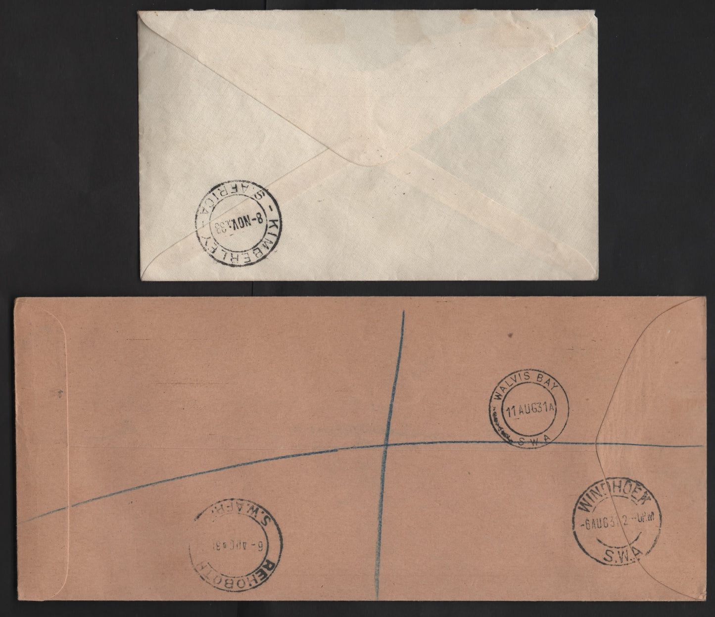 Lot 165 (C) South West Africa SG#86-87 3d - 10d Brown & Blue - Black & Purple Brown Monoplane over Windhoek - Biplane Over Windhoek, 1931 Pictorial Issue Airmail, 2 Very Fine Used Covers, Single Usages, Local Airmail Covers From 1931 & 1933