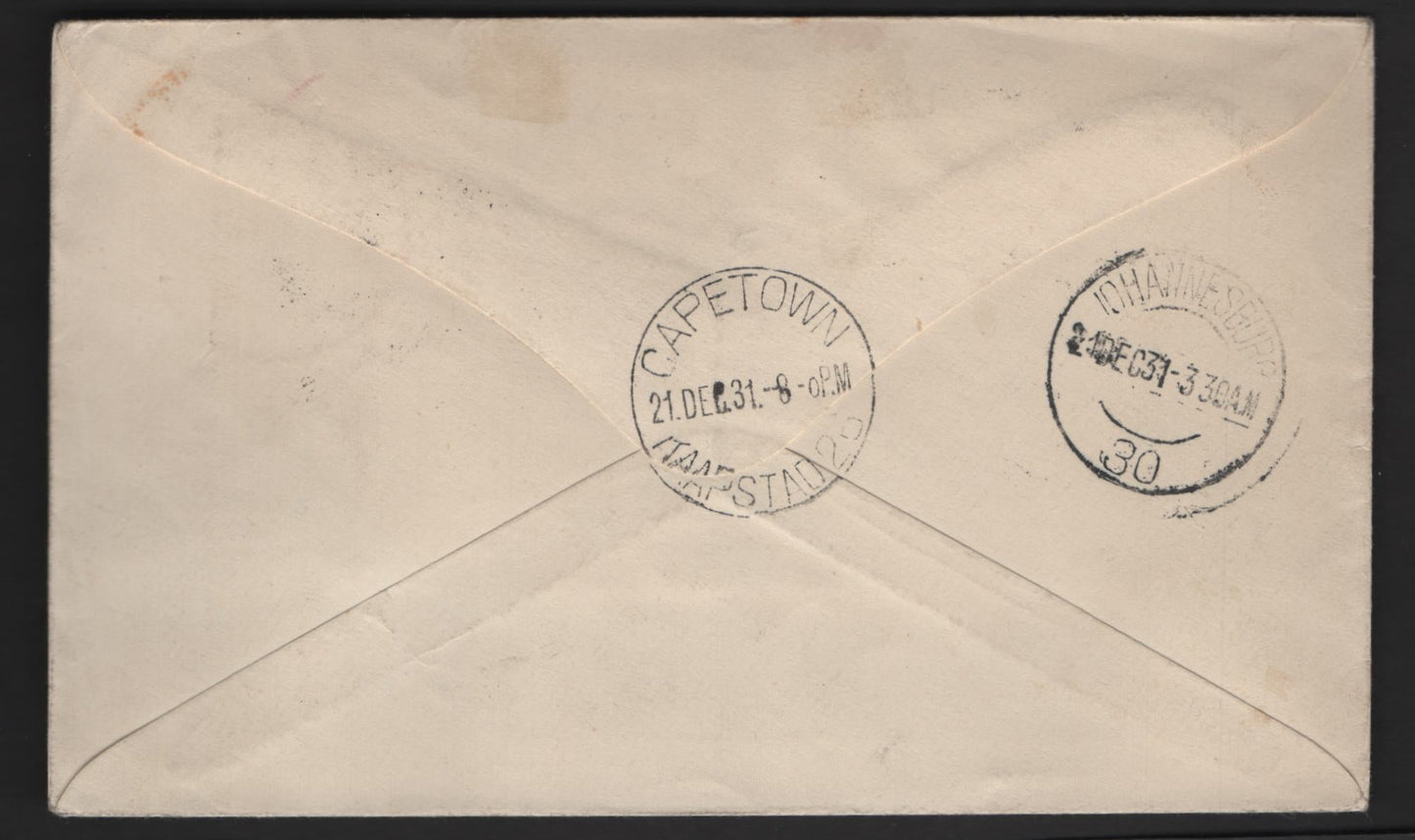 Lot 174 (C) Southern Rhodesia SG#16a, 19a 1d - 4d Scarlet - Black & Orange Vermillion King George V, 1931-1937 KGV Portrait Issue, A Very Fine Used Cover, Perf 11.5 Printings, Experimental Flight Cover From Bulawayo to Capetown