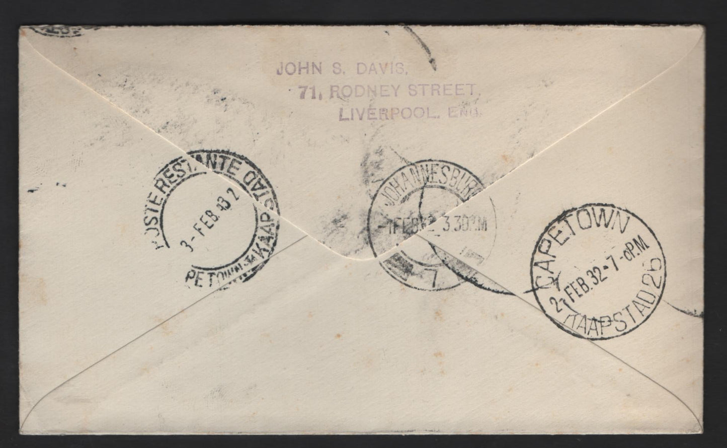Lot 182 (C) Sudan SG#56 4.5p Red brown & Gray Statue of Gen Gordon, 1931 Airmail Issue, A Very Fine Used Cover, Single Usage On January 1932 First Flight Cover to Cape Town