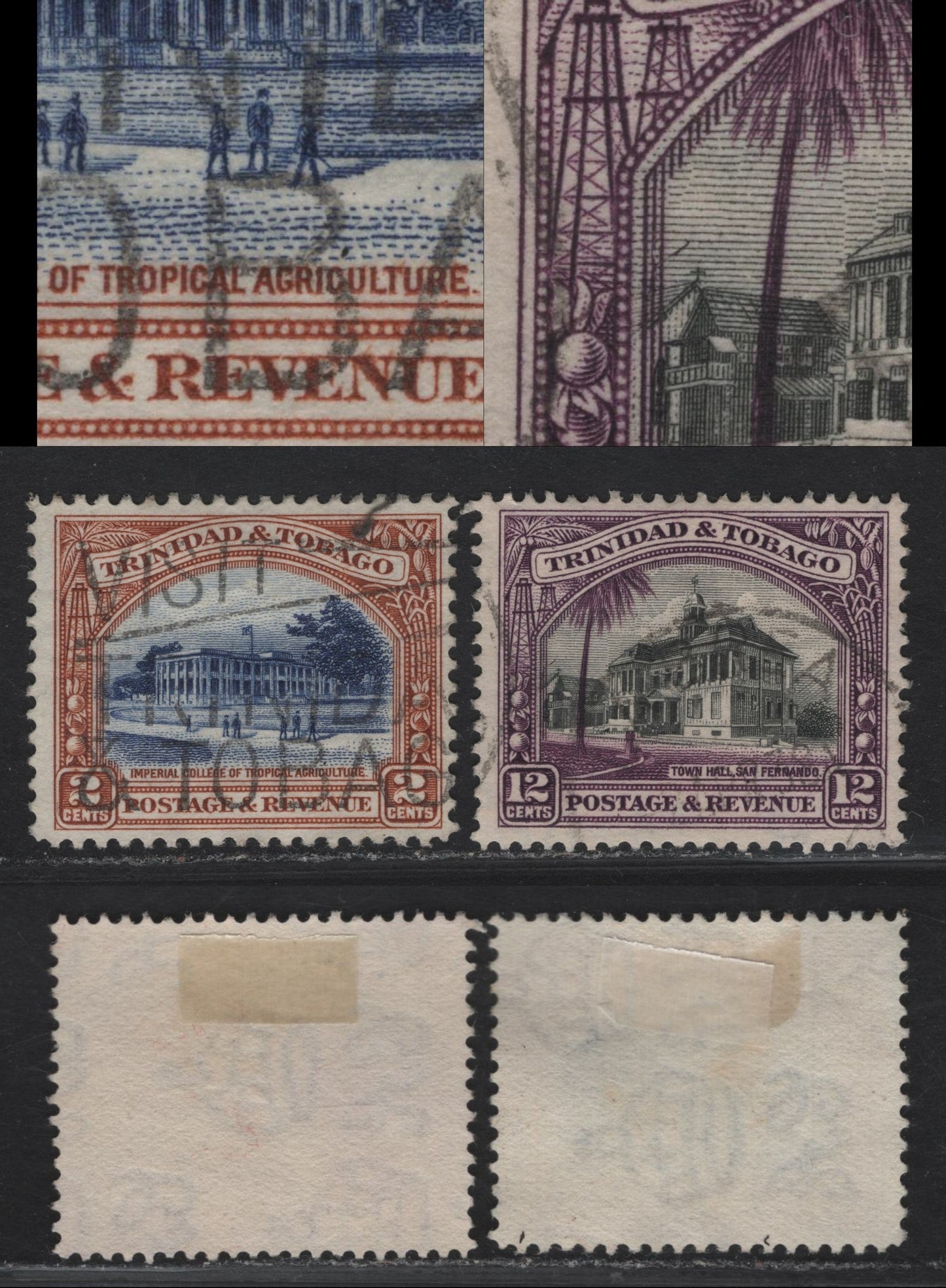 Lot 195 Trinidad & Tobago SG#231, 235a 2c - 12c Ultramarine & Yellow Brown - Black & Violet Imperial College - Town Hall, 1935-1937 Pictorial Issue, 2 Fine/Very Fine Used Singles , ,