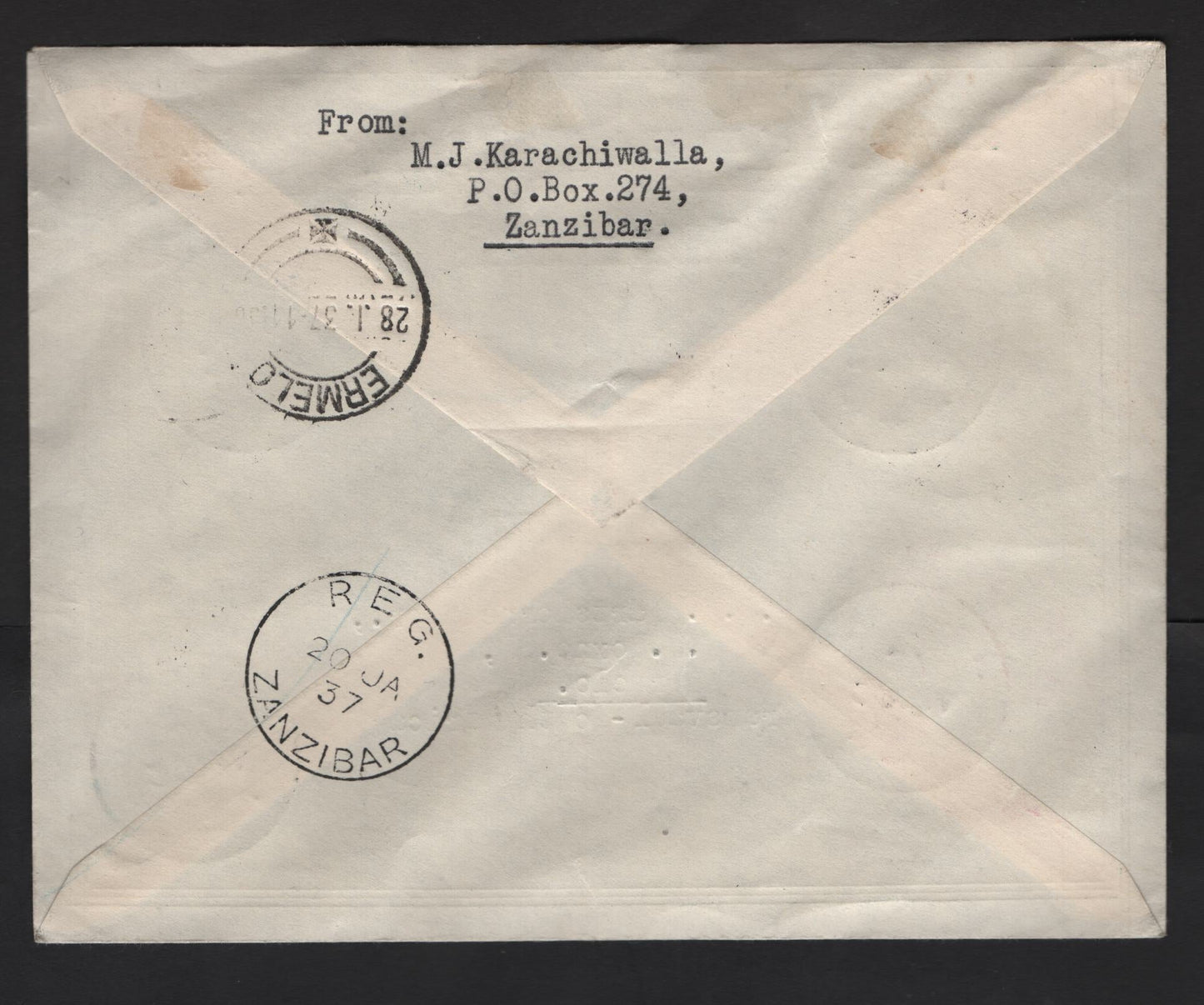 Lot 201 (C) Zanzibar SG#323-326 10c - 50c Black & Olive Green - Black & Orange Vermillion Sultan, 1936 Silver Jubilee Of Sultan Issue, A Very Fine Used Cover, Combination Use On Registered Commemorative Cover To Ermelo, South Africa