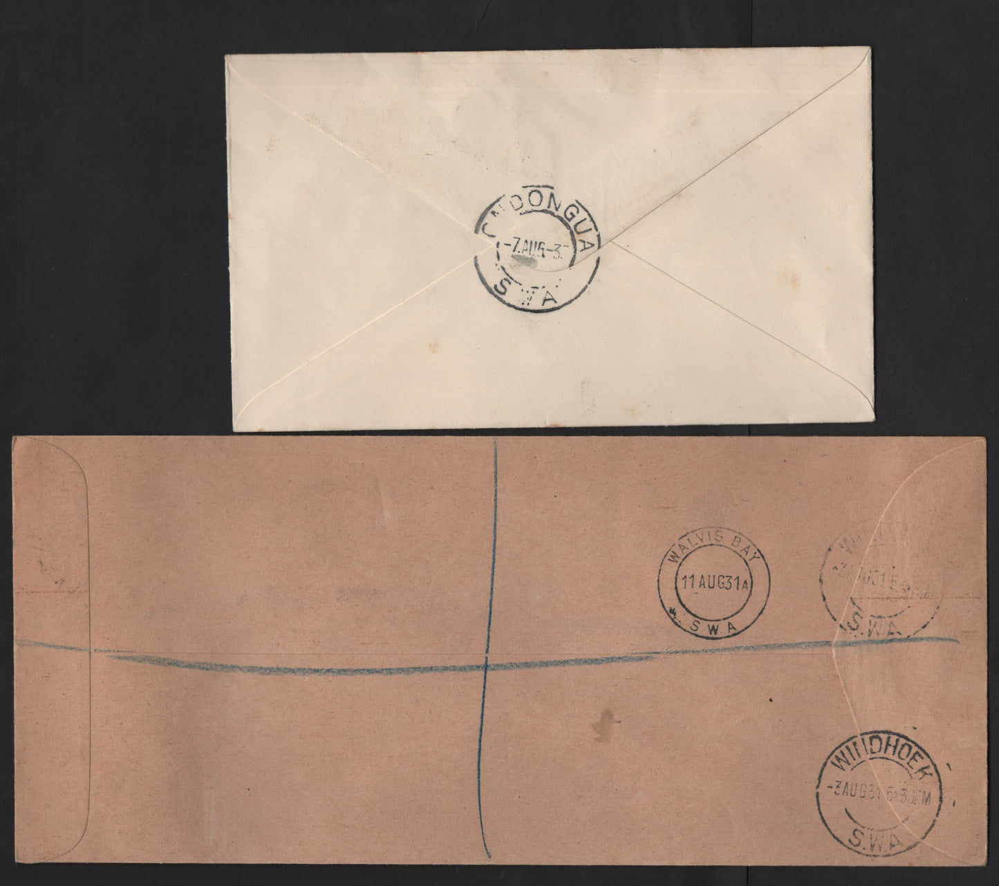 Lot 203 (C) Southwest Africa SG#74-75, 87 1/2d - 10d Black & Green - Black & Purple Brown Biplane, 1931 Pictorial Issue Airmail, A Very Fine Used Cover, 1931 Local Registered Airmail Cover To Walvis Bay & 1935 Local First Flight Cover