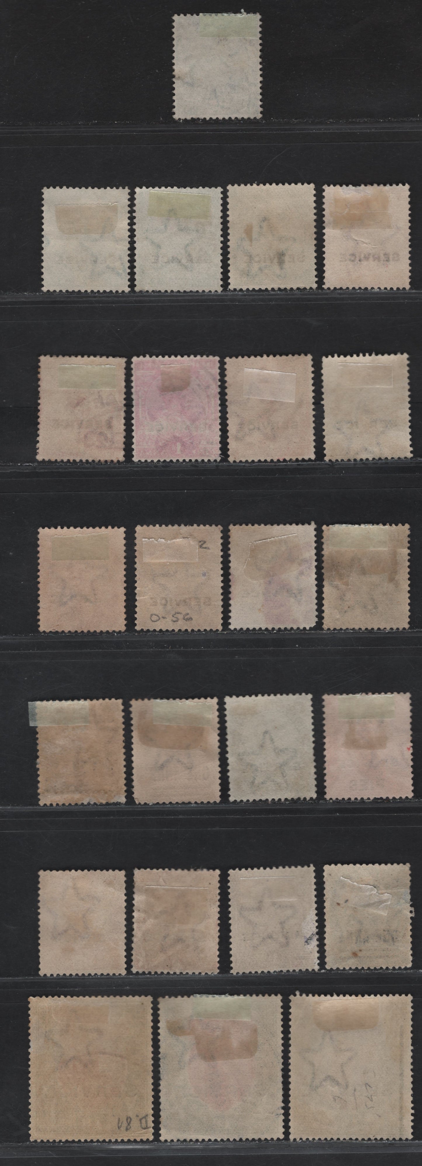 Lot 242 (C) India SG#O76-O78, O80-O84a, O85-O86, O91a, O97-O98, O106-O108 1/2a - 1r Light Green - Red Brown & Deep Green King George V, 1912-1926 Surcharged KGV Keyplates, 24 Fine/Very Fine Used Singles