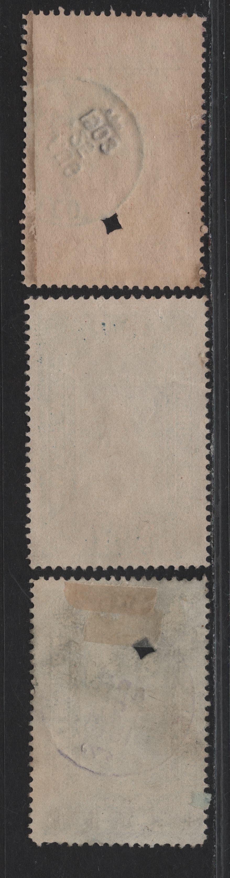 Lot 300 (C) New Brunswick #NBL-4, NBL-6 $2 - 20c Blue - Vermillion Justice, 1884-1890 New Brunswick Law Issue, 3 Fine/Very Fine Used Singles, Milky Blue Has A Small Wrinkle