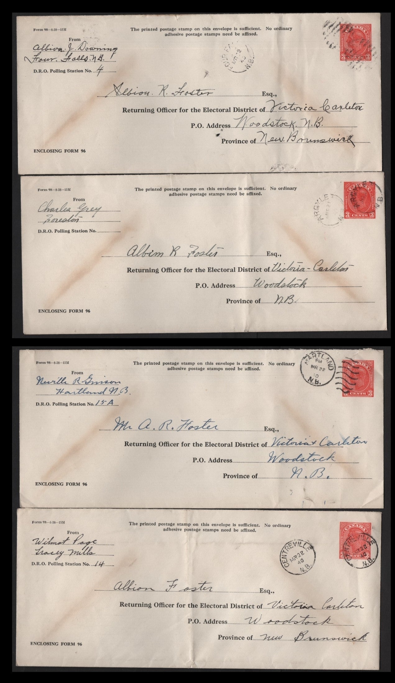 Lot 330 (C) Canada #UE6 3c Red King George V, 1940 Election Issue, 4 Fine/Very Fine Used Covers, Sent To Woodstock From Various NB Towns, Centreville Envelope Has Some Light Wrinkles, So Only Fine