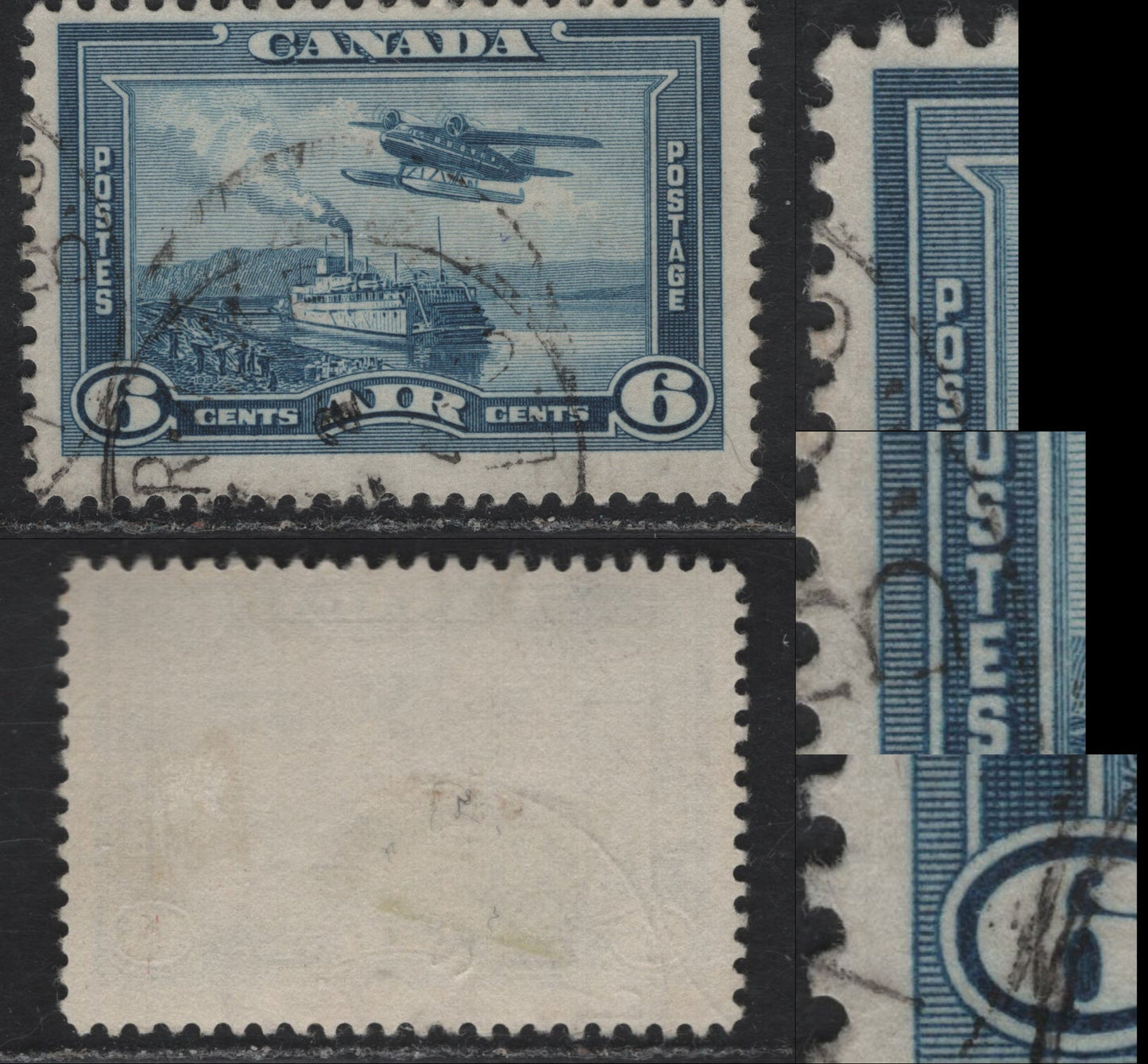 Lot 332 Canada #C6var 6c Deep Dull Blue Monoplane, 1938 Airmail Issue, A Fine Used Single, Paper CBN-V, Perf 12, Showing Minor Re-Entry Along The Left Side Showing Doubling Of The Cross Hatching To The Left Of 'TE' of 'Postes'.