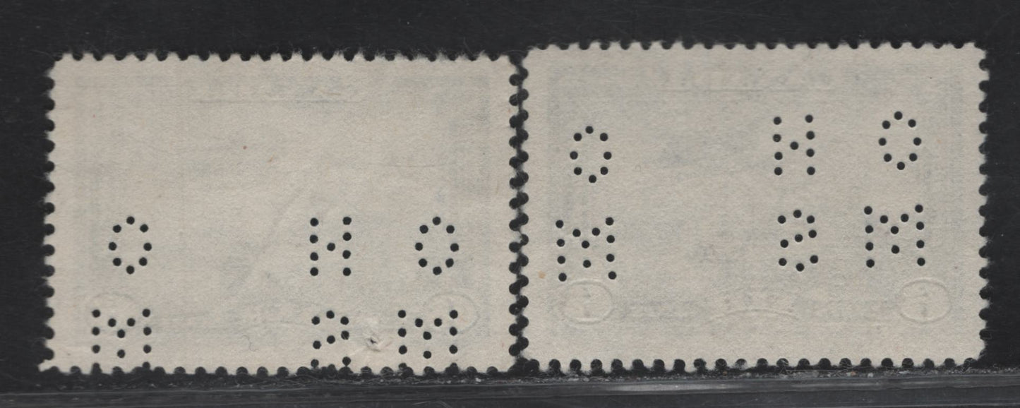 Lot 334 Canada #O9-C6 6c Blue & Dull Blue Monoplane, 1938 Airmail Issue, 2 Very Fine Used Singles, Papers CBN-N & CBN-P, Perfs 12 & 12x11.9, Both With 4-Hole OHMS From Pos. 1.