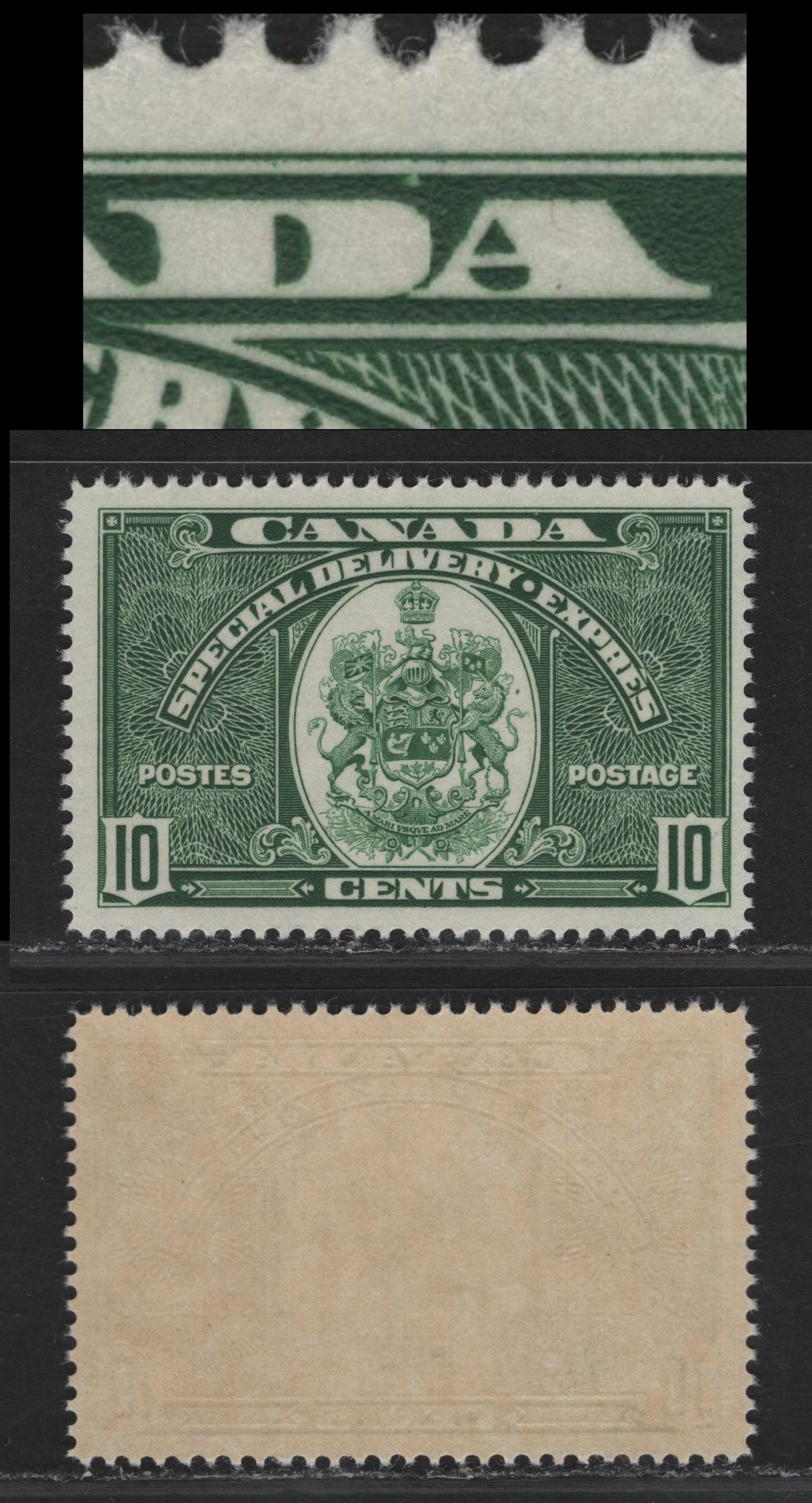 Lot 344 Canada #E7 10c Deep Green Emblem, 1939 Special Delivery Issue, A FNH Single, Paper/Gum CBN-LL, Perf 11.9, Showing Small Bullet Flaws Above 'D' of Canada.